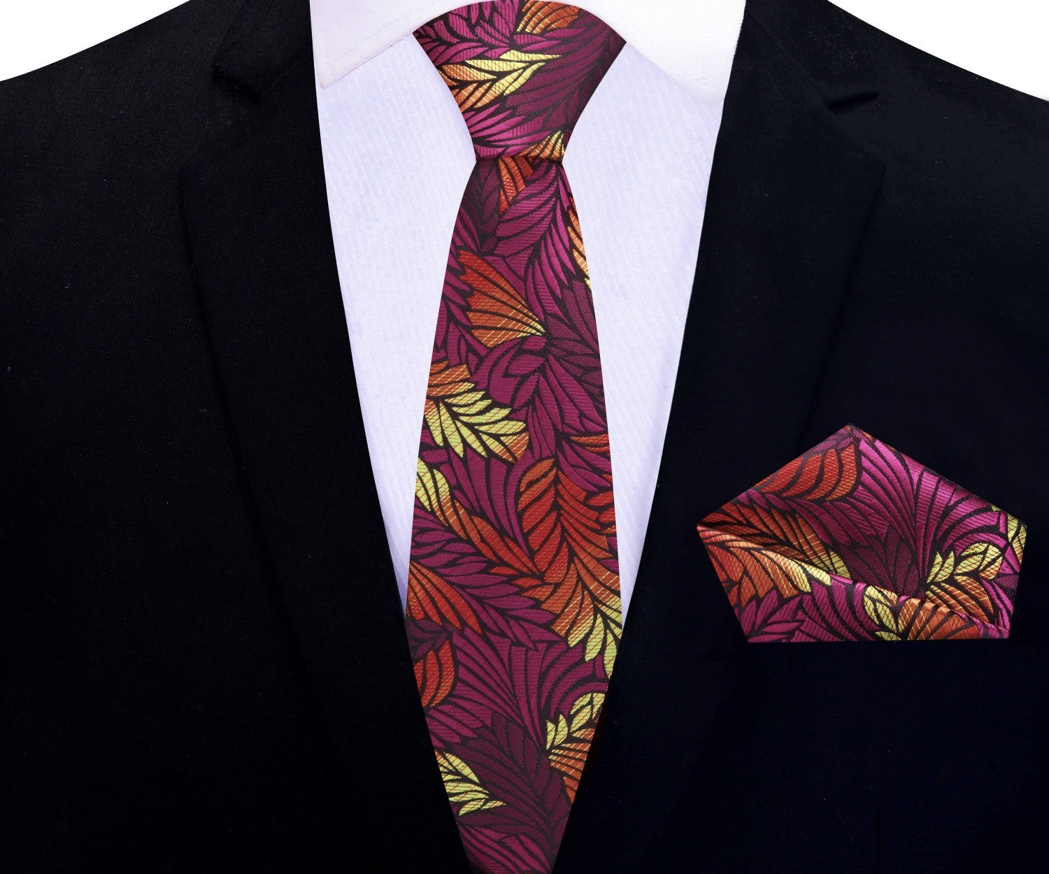 Thin Red, Purple and Yellow Feather Necktie and Square