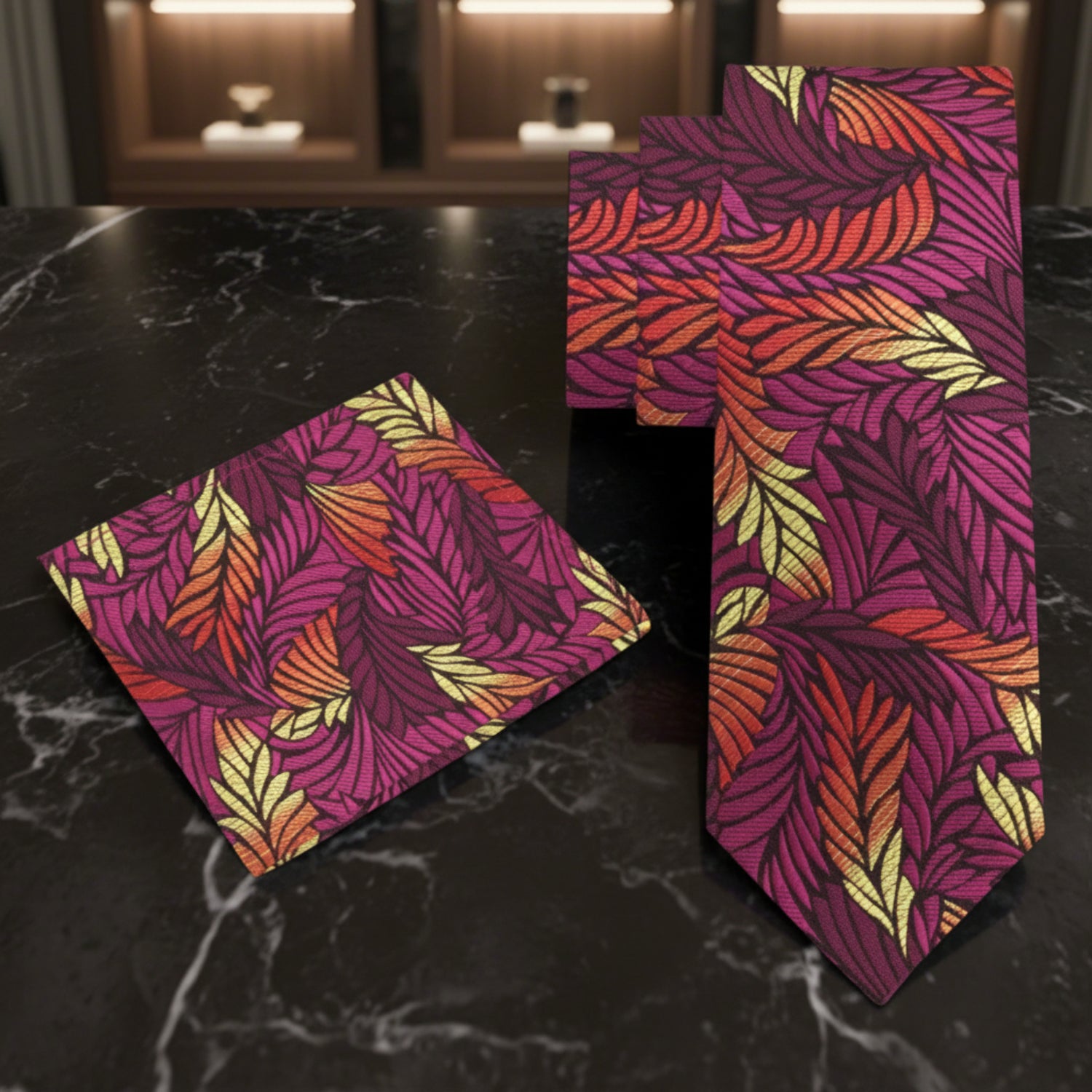 Alt Red, Purple and Yellow Feather Necktie and Square