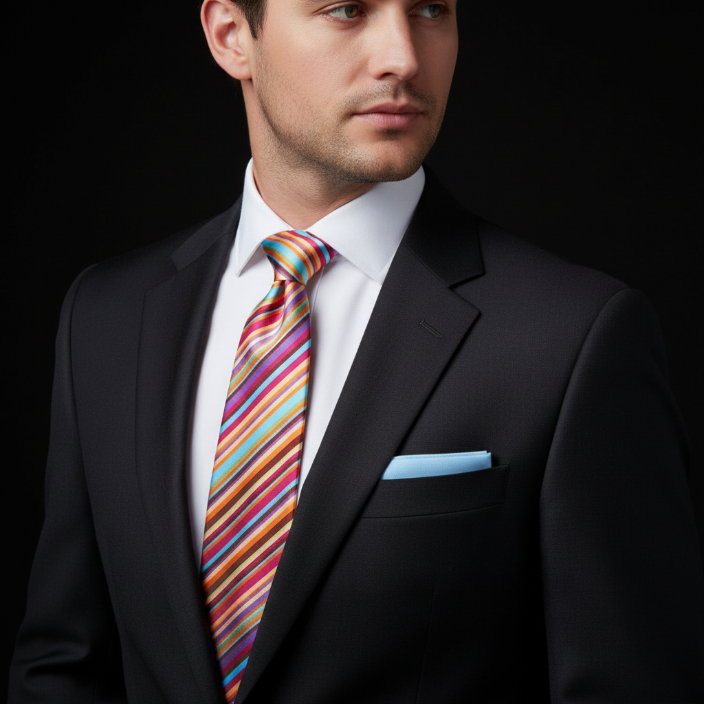 Man wearing a black suit with a colorful striped tie and blue pocket square on a black background