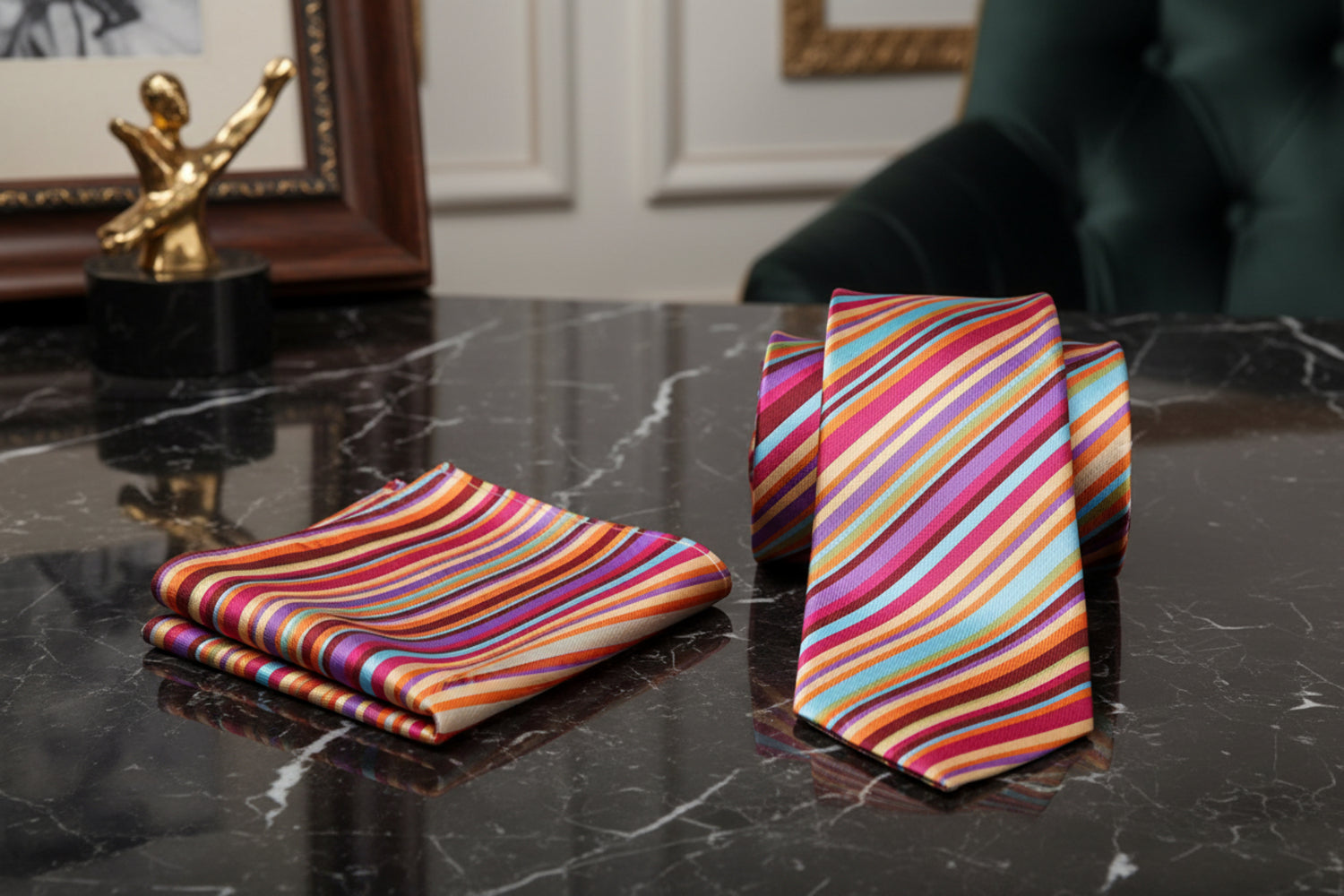 Colorful striped tie and pocket square set 