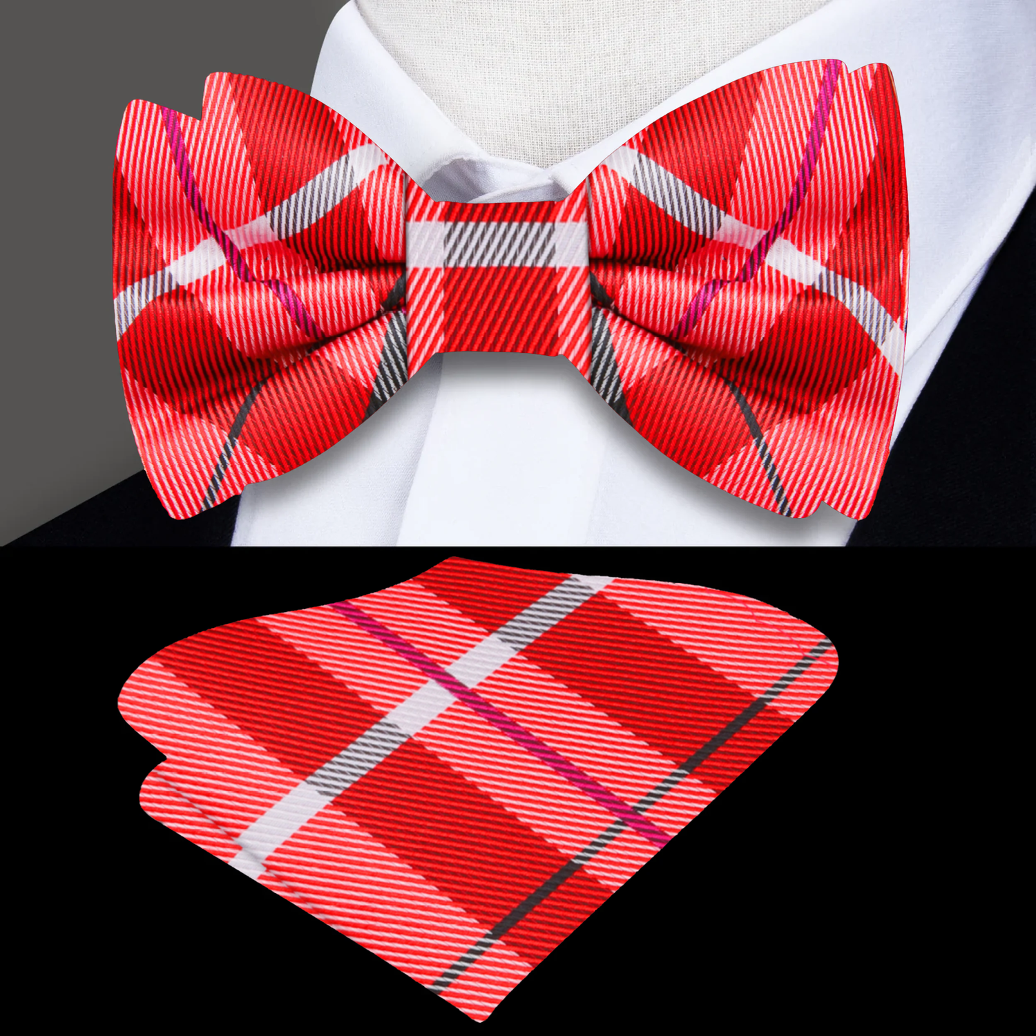 A Red, Black, White Plaid Pattern Silk Self Tie Bow Tie, Matching Pocket Square