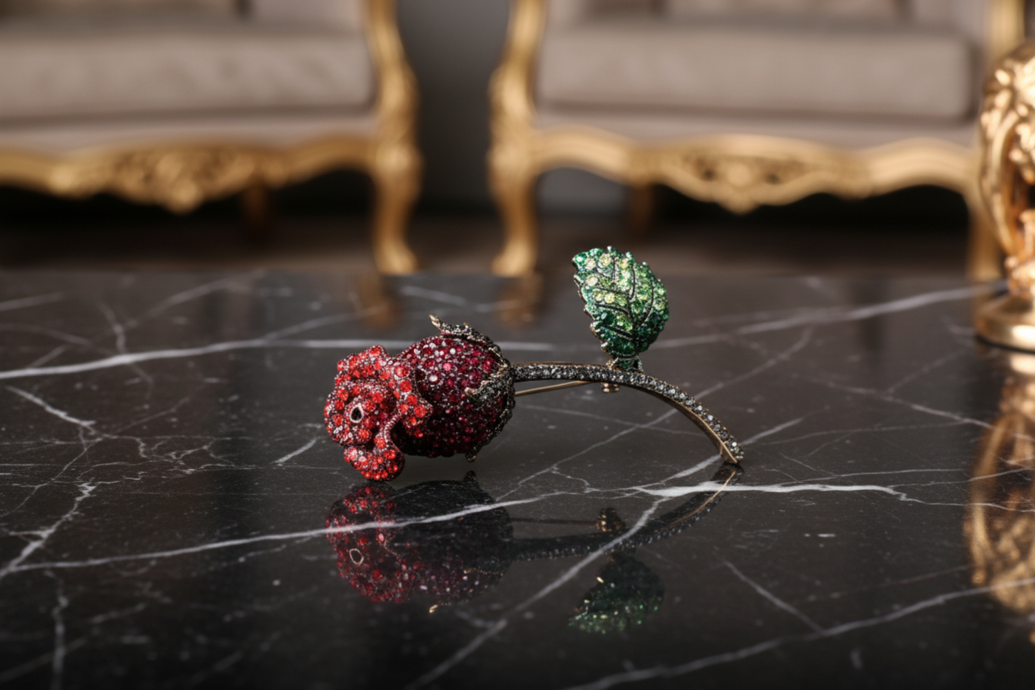Red Rose with Green Leaf Stones Lapel Pin