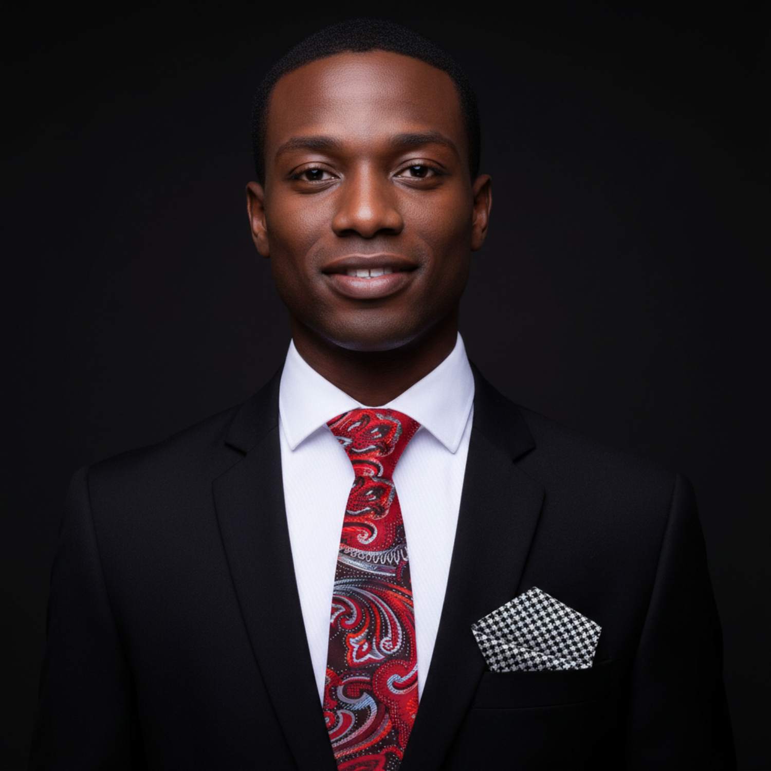 Man wearing a black suit with a red paisley tie and checkered pocket square on a black background