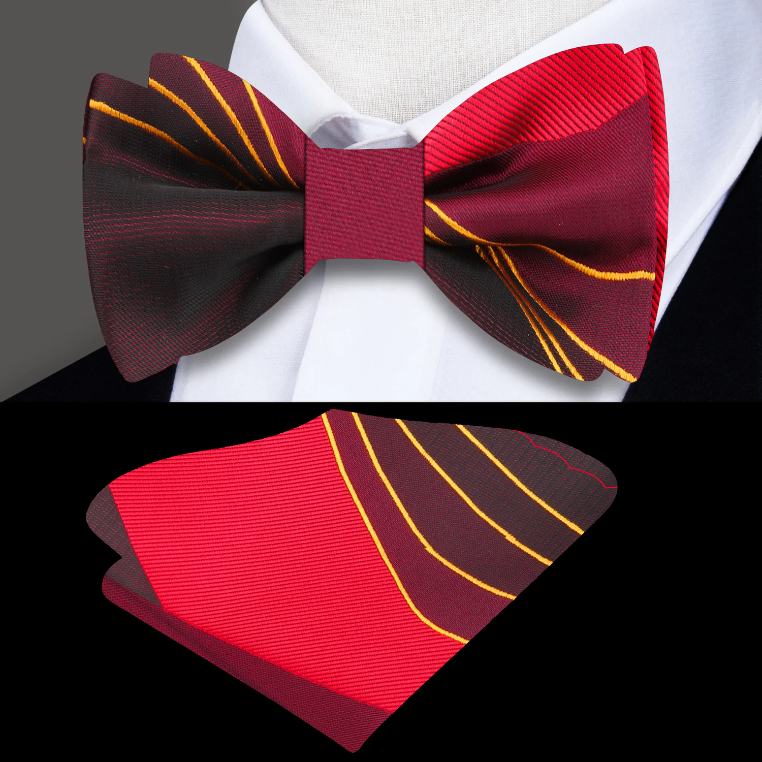 Main View: A Burgundy, Red, Gold Abstract Pattern Self Tie Bow Tie With Matching Pocket Square||Burgundy, Wine, Black, Yellow