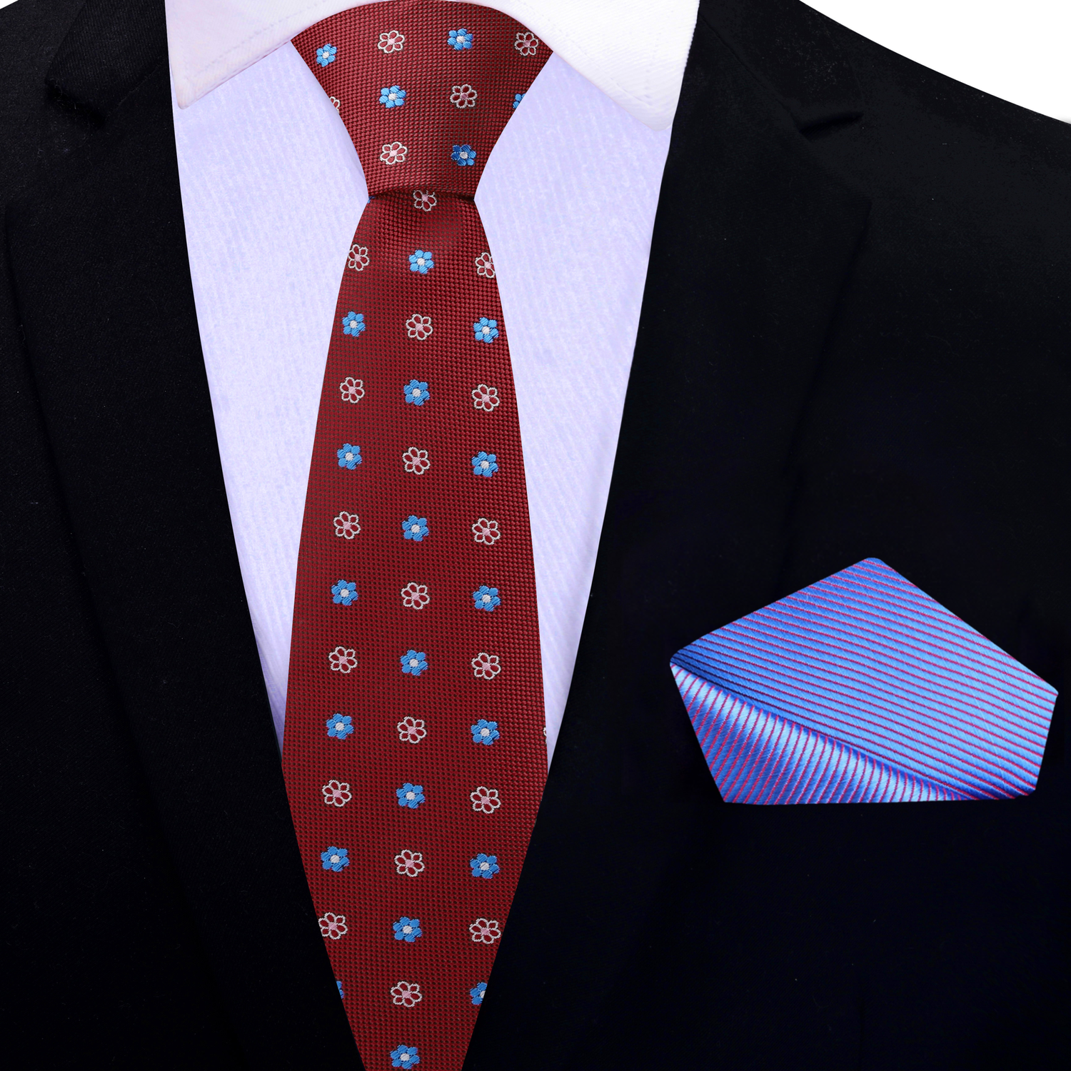 Thin Tie: Red, Blue, Pink Small Flower Necktie and Blue Square
