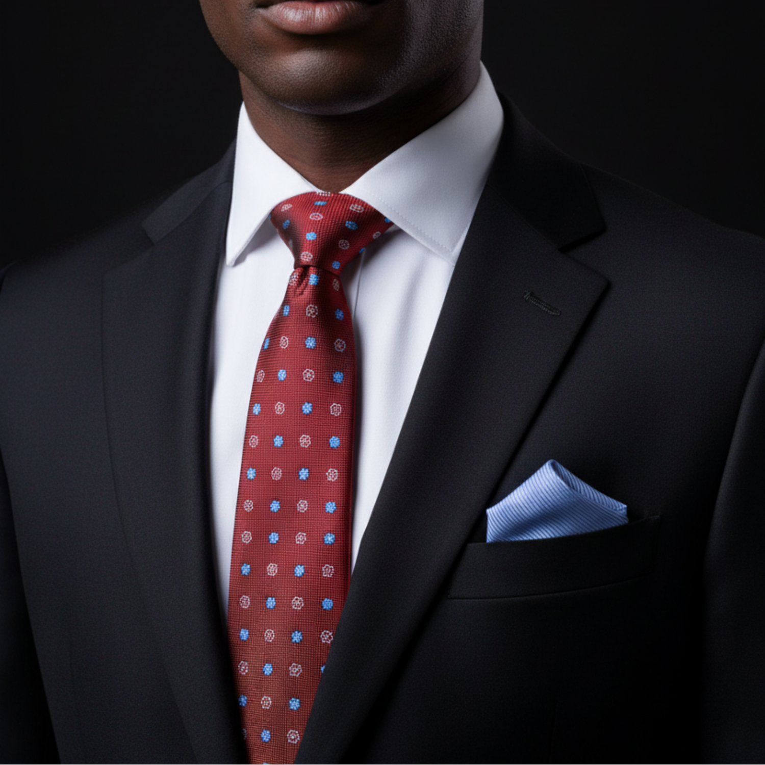 Man wearing a black suit with a red tie and blue pocket square against a dark background