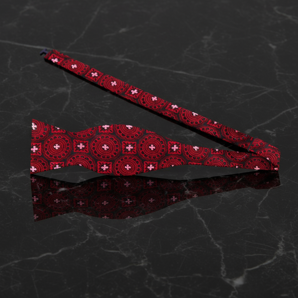 A Black, Deep Red Geometric with Floral Burst Pattern Self Tie Bow Tie Self Tie
