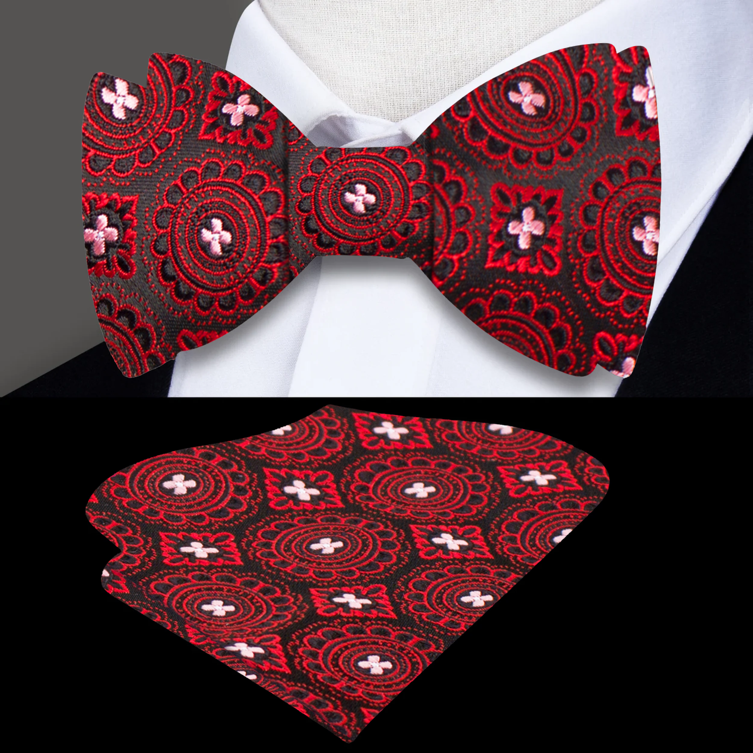 A Black, Deep Red Geometric with Floral Burst Pattern Self Tie Bow Tie, Matching Pocket Square