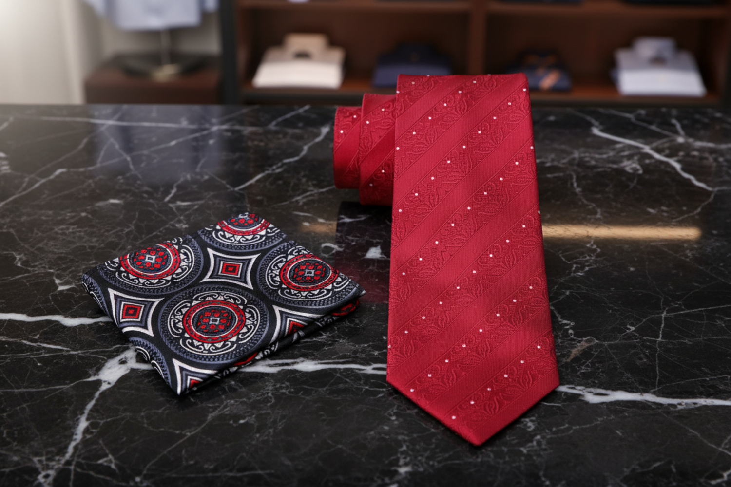 Alt Sparkling Red Detailed Floral Tie and Accenting Pocket Square