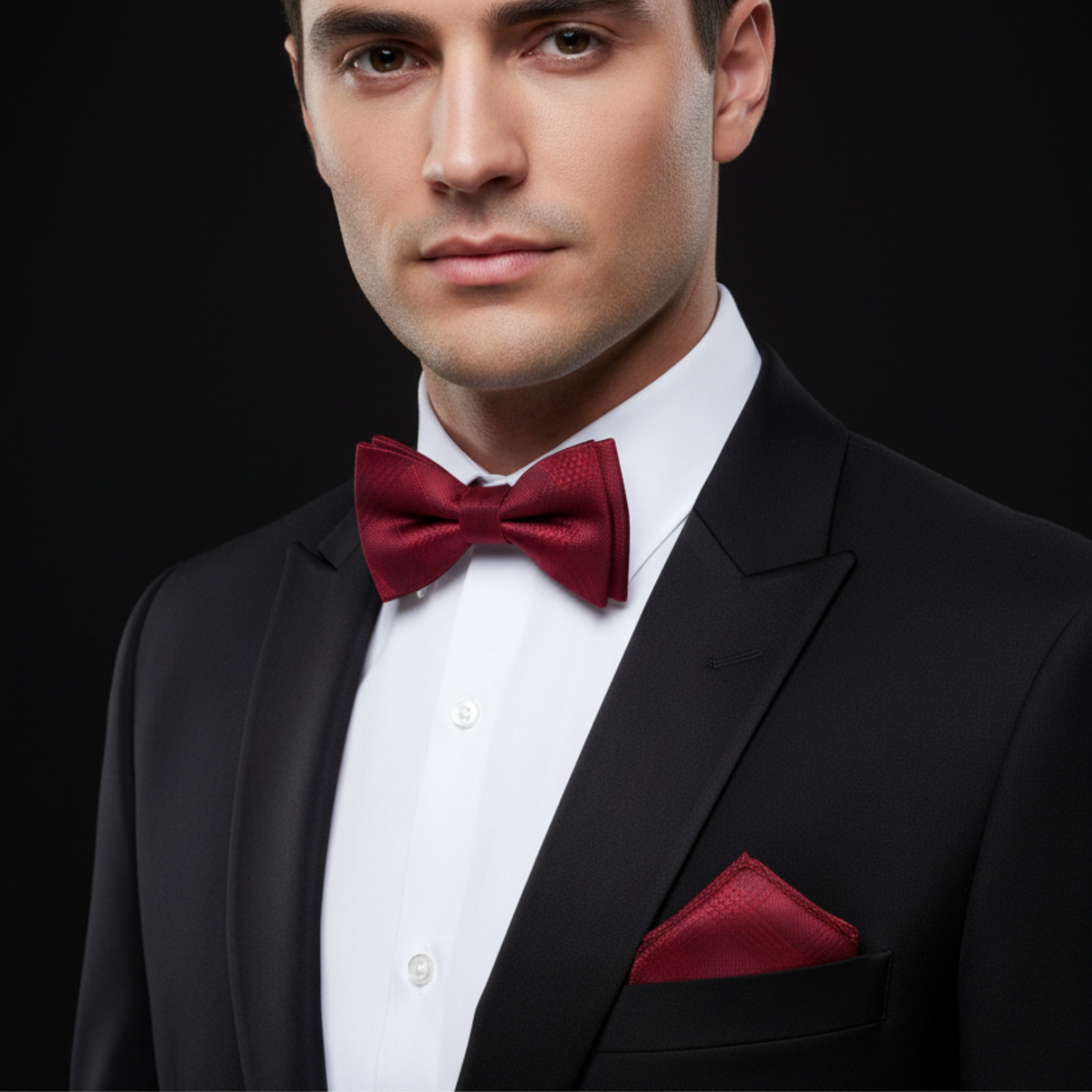 Man wearing a black suit with a red bow tie and pocket square on a dark background