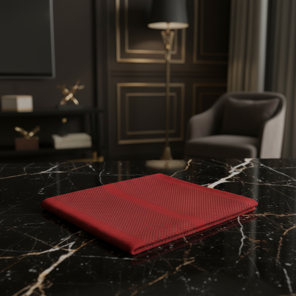 Red pocket square on black marble table