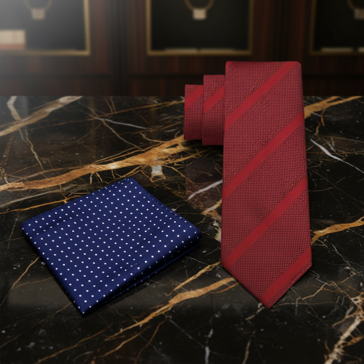 Red striped tie and blue polka dot pocket square on a white background