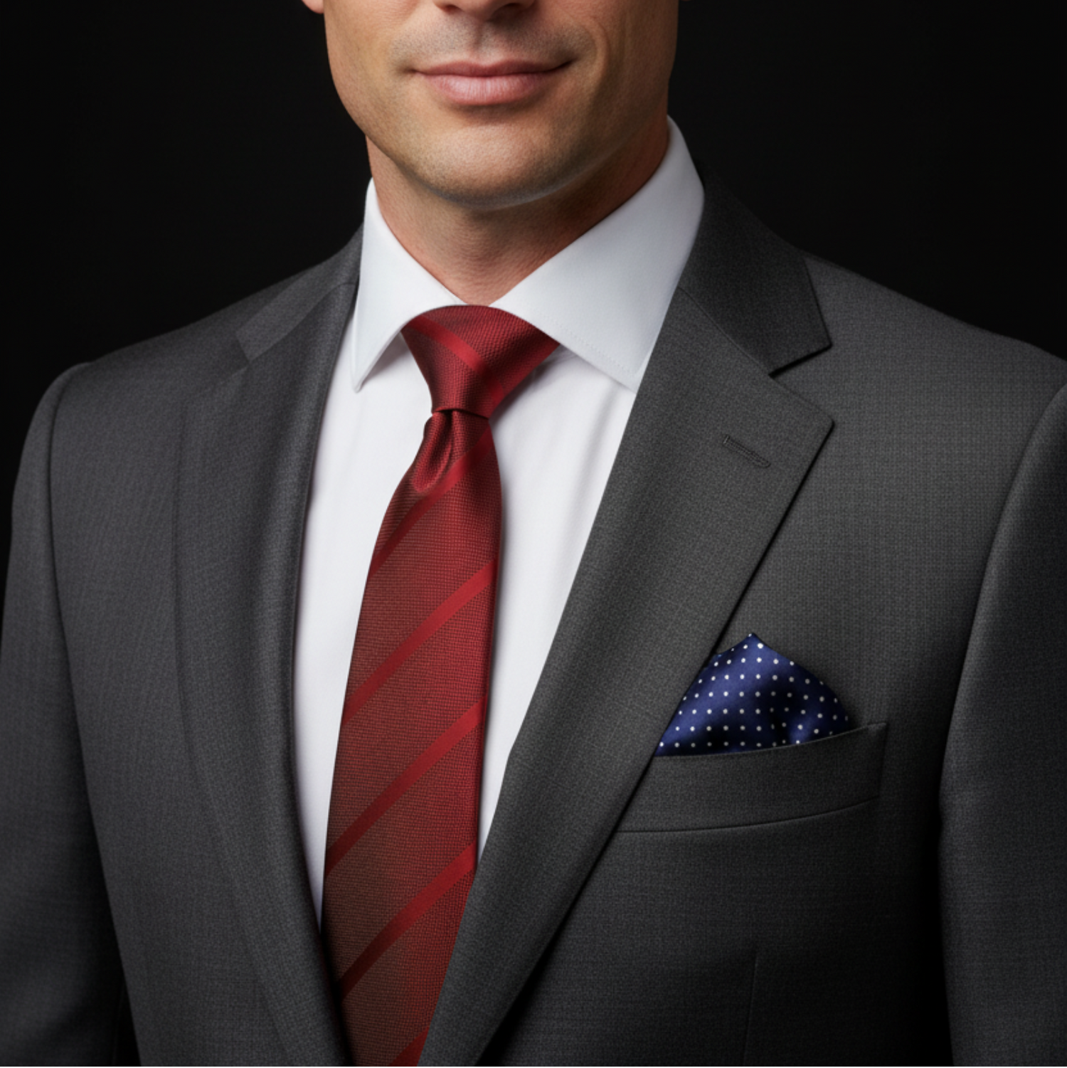 Man wearing a gray suit with a red tie and blue polka dot pocket square on a black background
