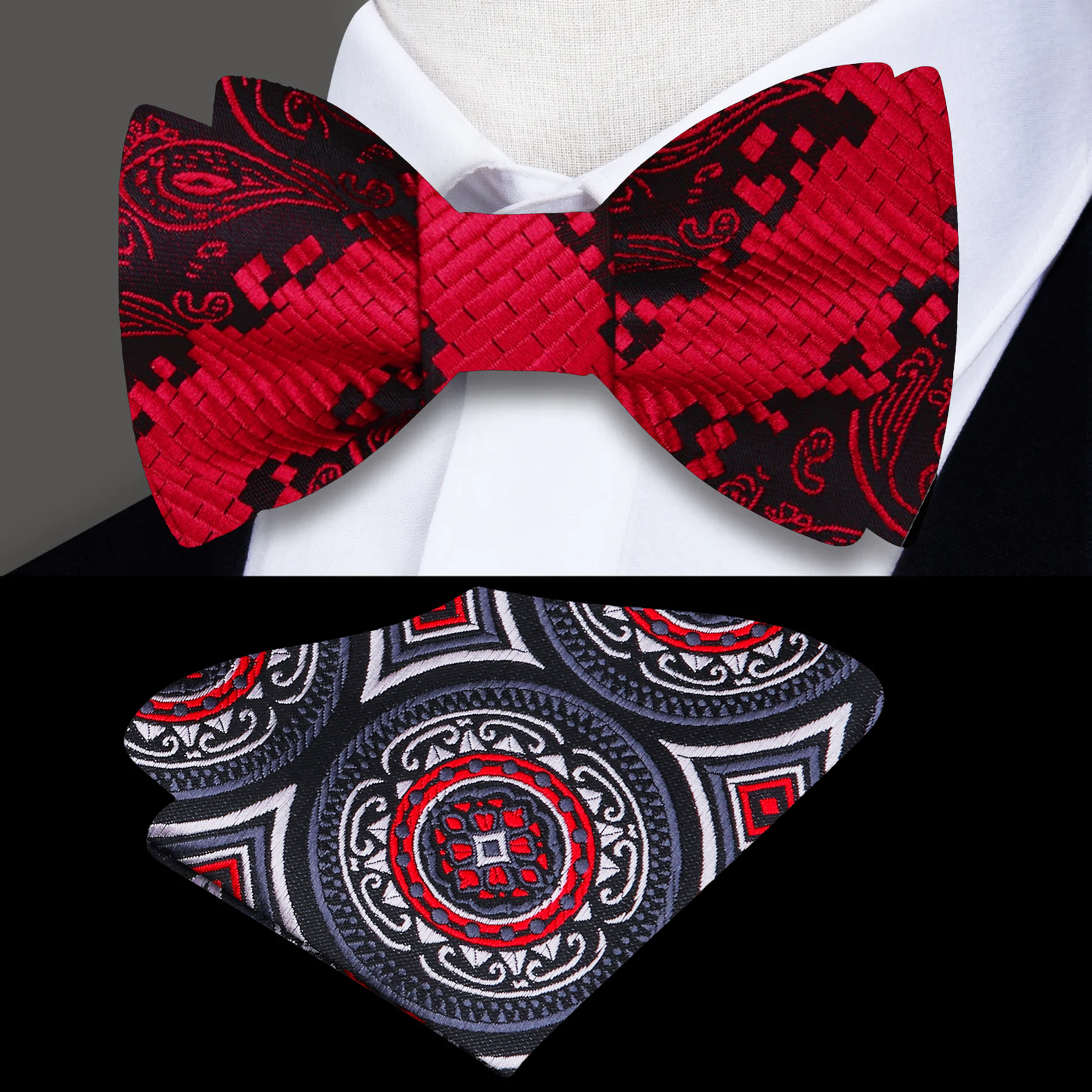 A Red, Black Geometric with Paisley Pattern Self Tie Bow Tie and Accenting Square