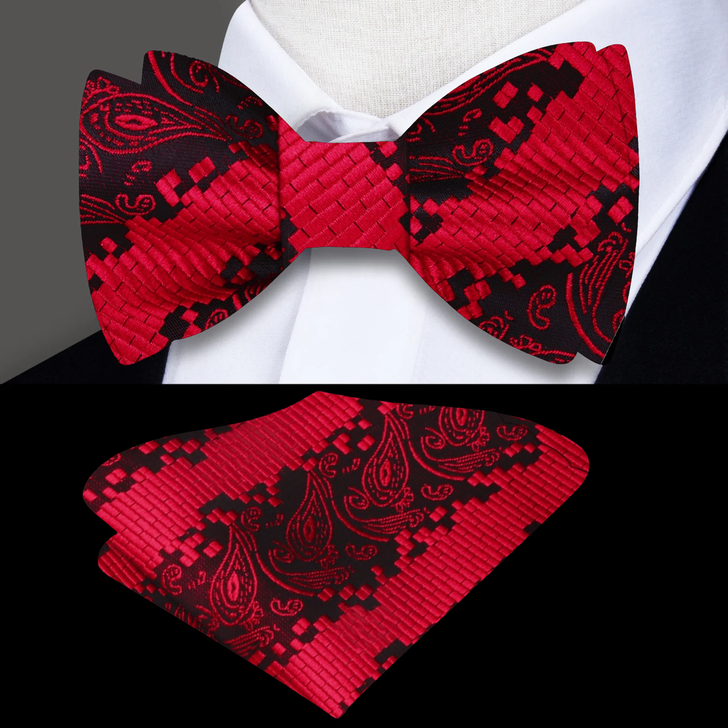 A Red, Black Geometric with Paisley Pattern Self Tie Bow Tie, Matching Pocket Square
