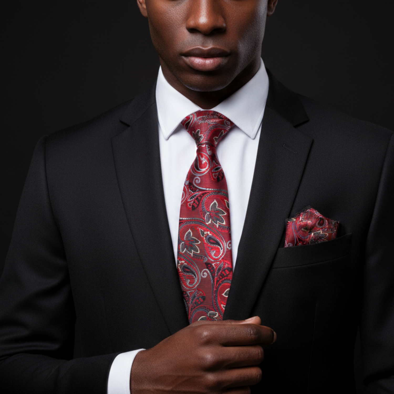 Man wearing a black suit with a red paisley tie and pocket square on a dark background