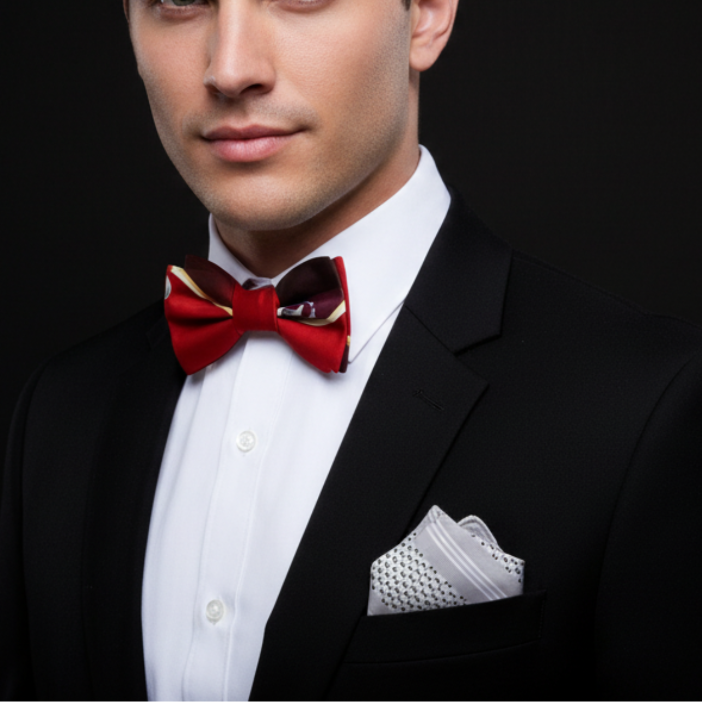 Man wearing a black suit with a red bow tie and white pocket square on a dark background