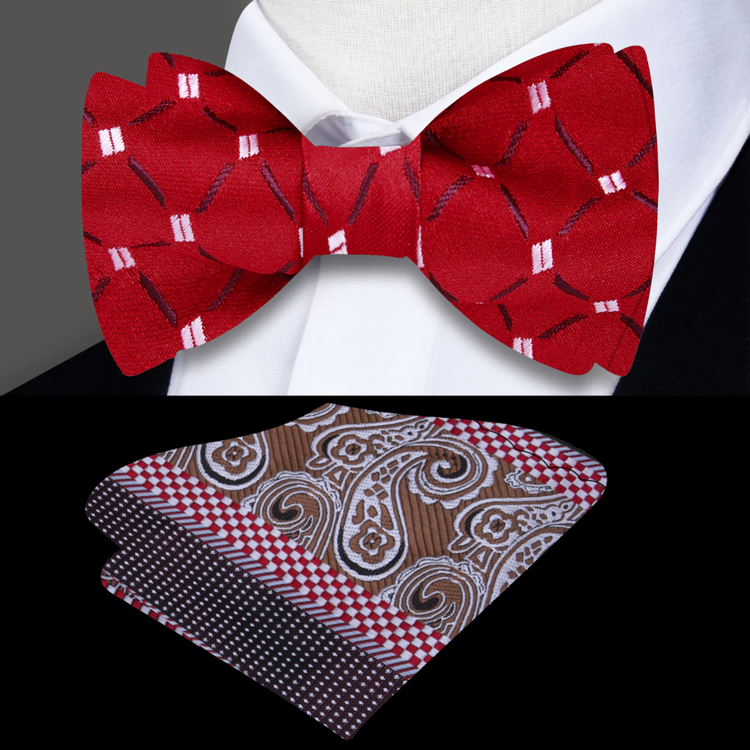 Red Geometric Bow Tie and Accenting Brown, Blue, Red Paisley Square