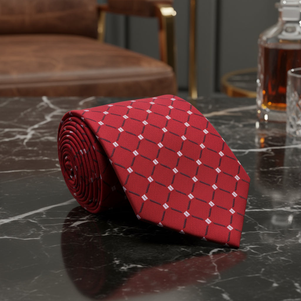 Red tie with a geometric pattern on a white background