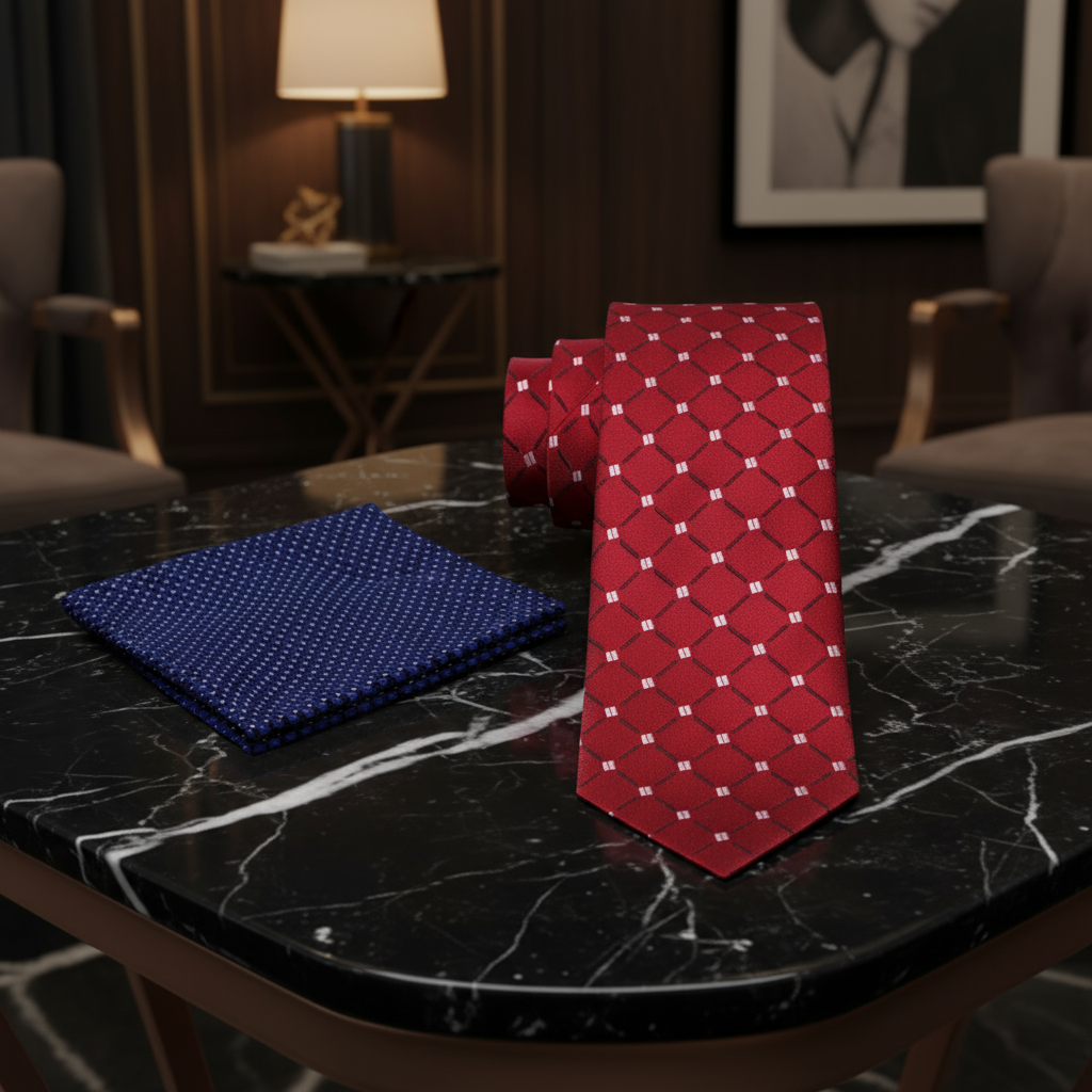 Red patterned tie and blue polka dot pocket square on a white background
