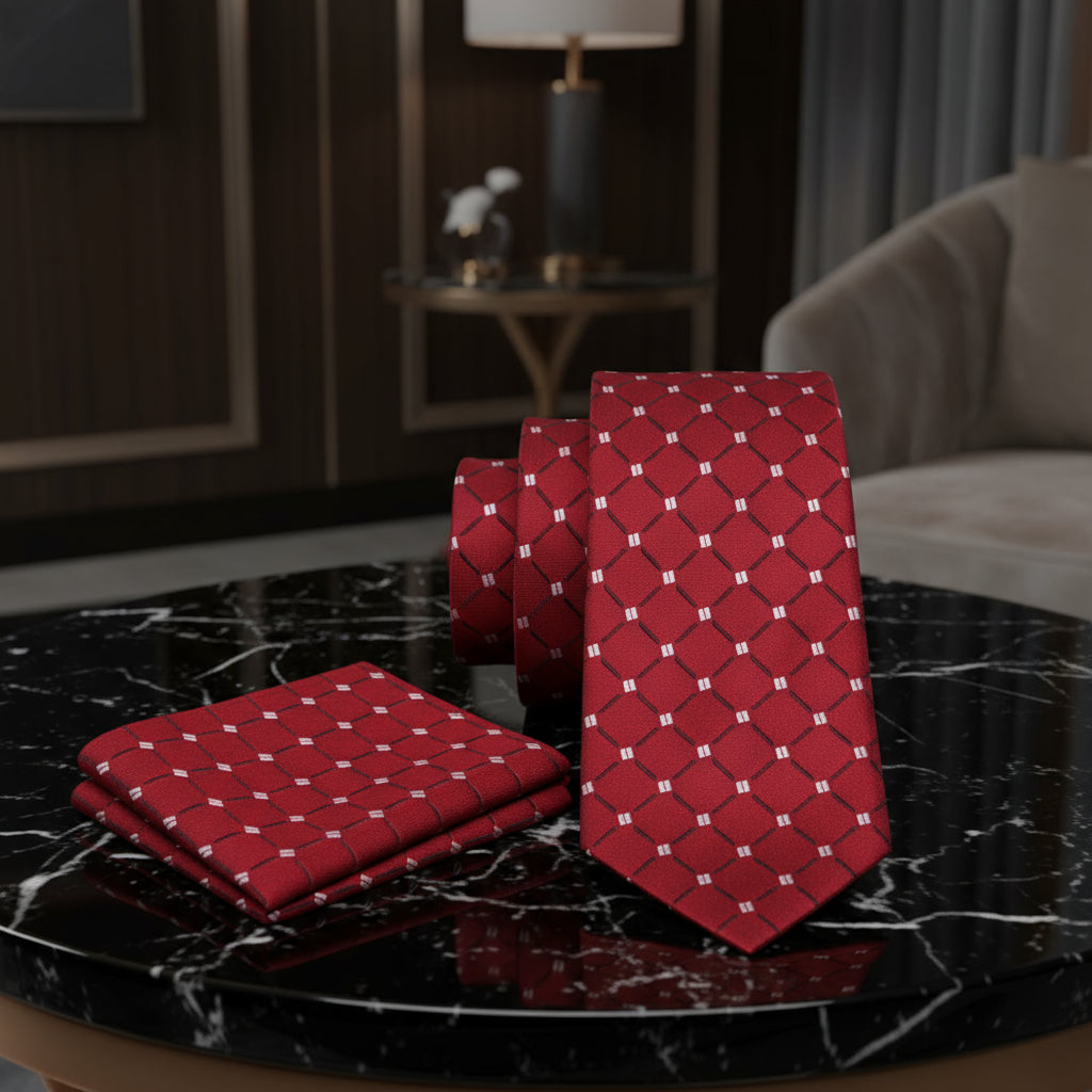 Red patterned tie and pocket square set on a white background