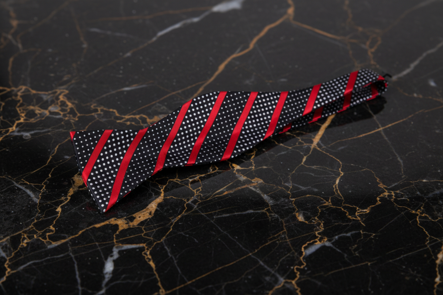 Black, Red Stripe and Polka Bow Tie Self Tie