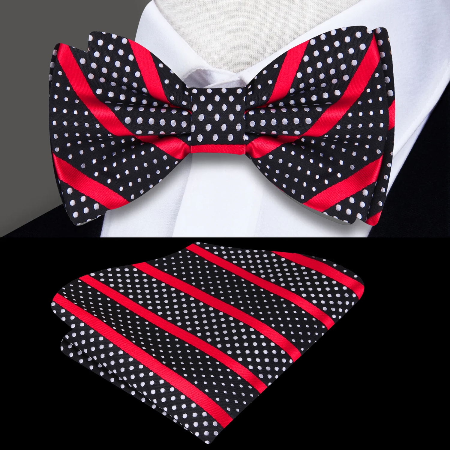 A collection of bow ties featuring a striped and polka dot pattern, displayed in alternating colors of black, red, and white.