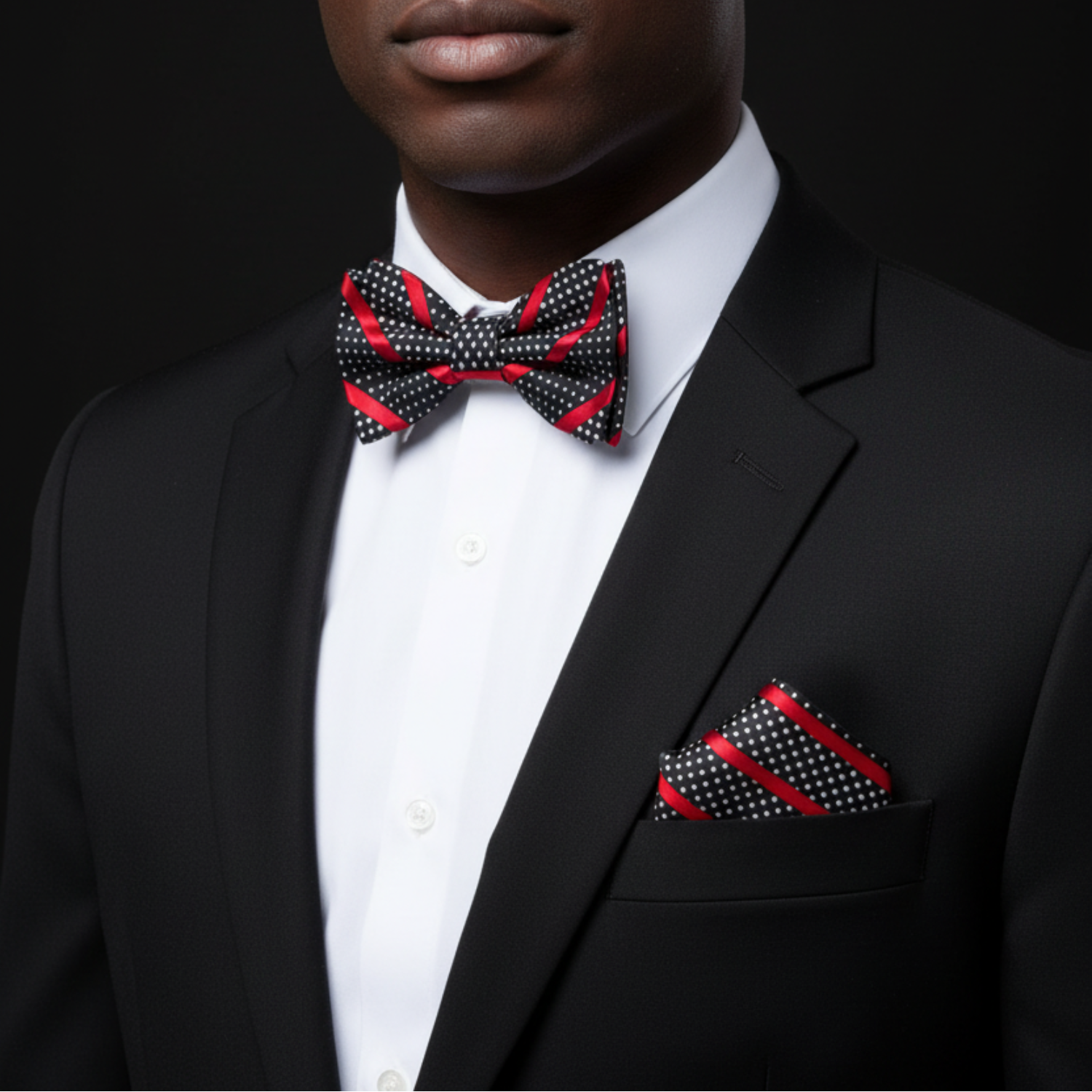 Man wearing a black suit with a red and black polka dot bow tie and pocket square against a dark background.