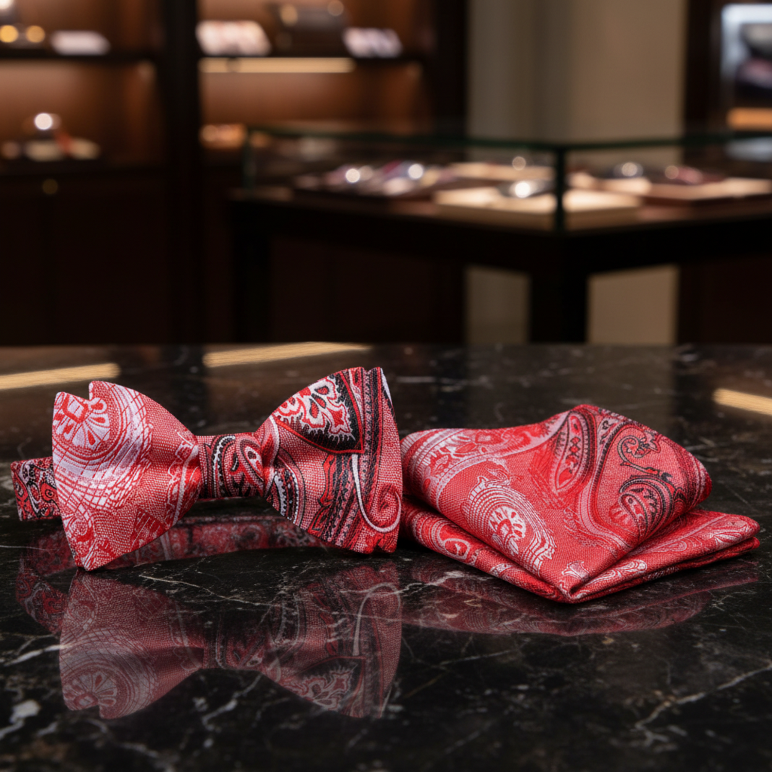 A red paisley self-tie bow tie and pocket square set displayed on a white background.