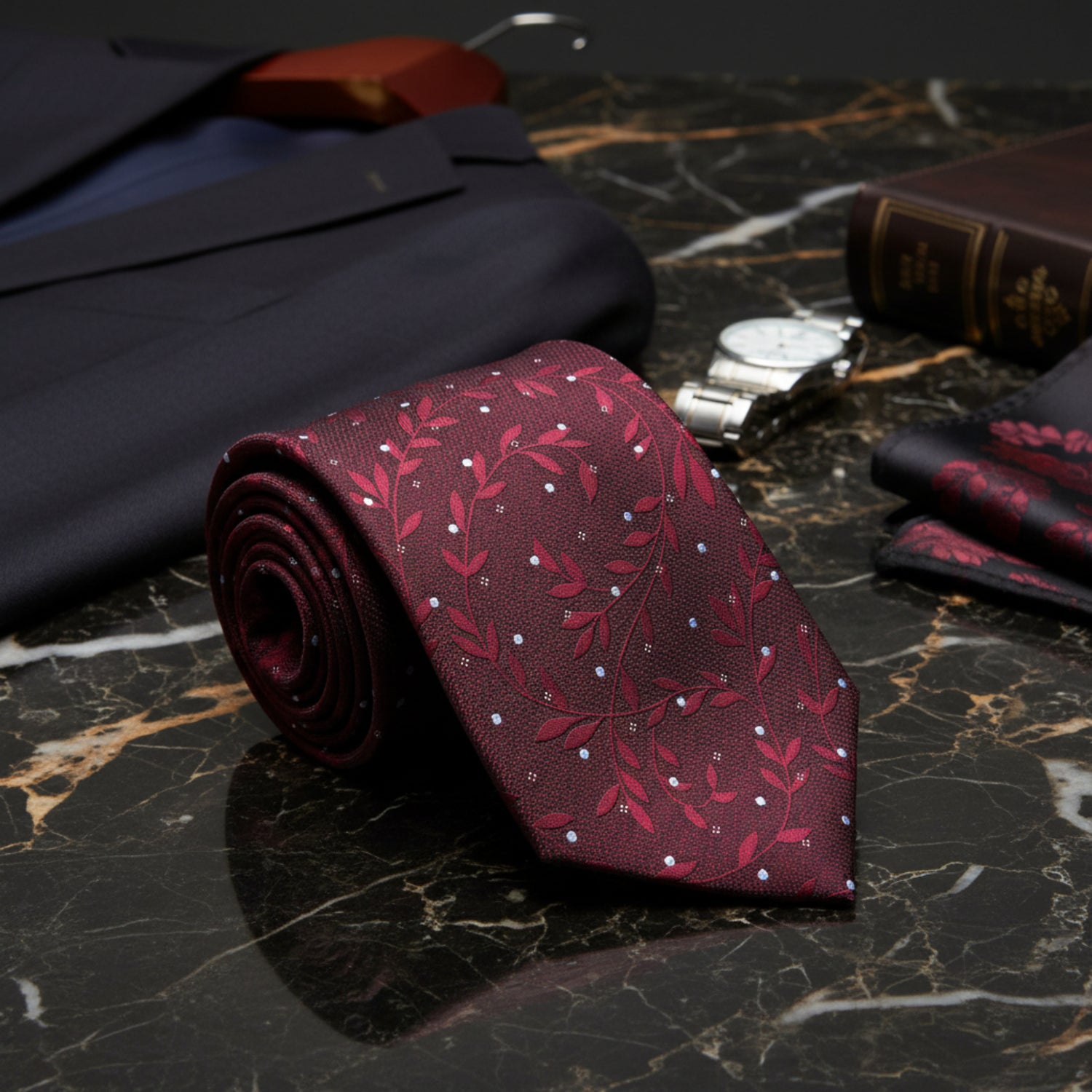 A rolled-up men's necktie featuring a dark red and burgundy pattern of leaves and small white dots on a fine textured background.