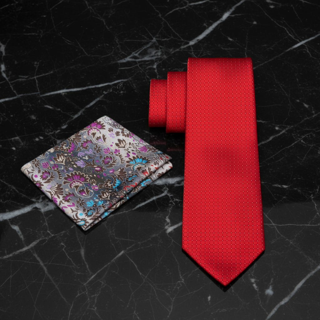Floral pocket square and red and white check tie 