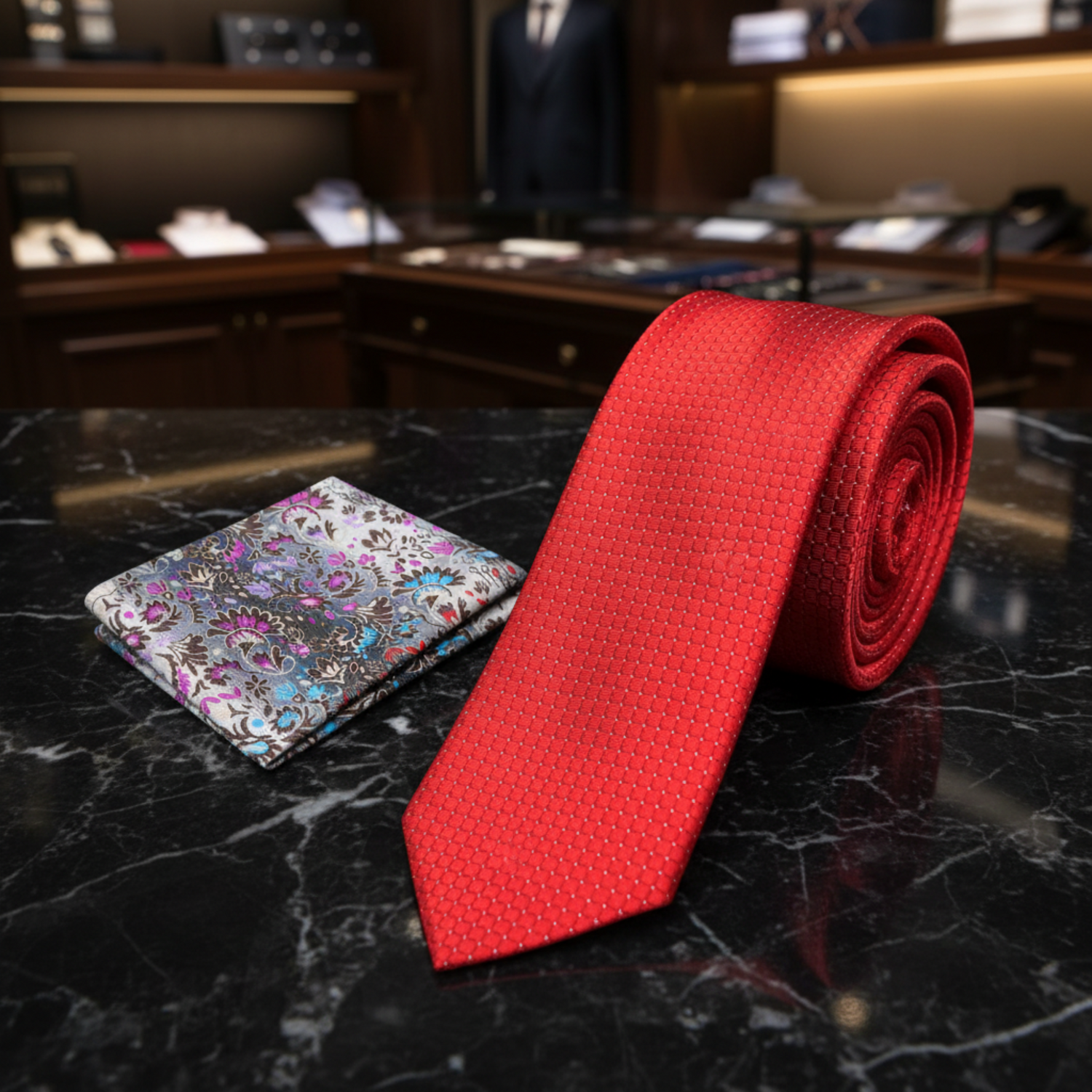 A men's necktie and pocket square set on a white background. The necktie is bright red with a small white polka dot pattern, and the matching pocket square features a multicolor floral damask pattern on a gray base.