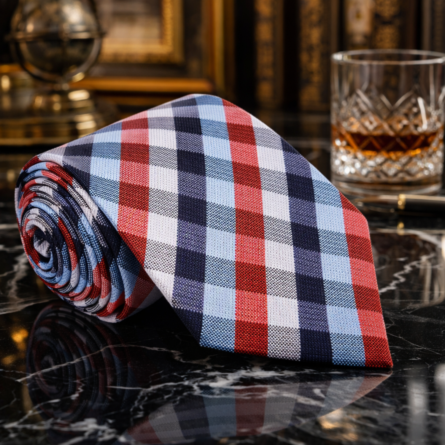 Roll of plaid tie on a reflective surface with a glass of whiskey in the background