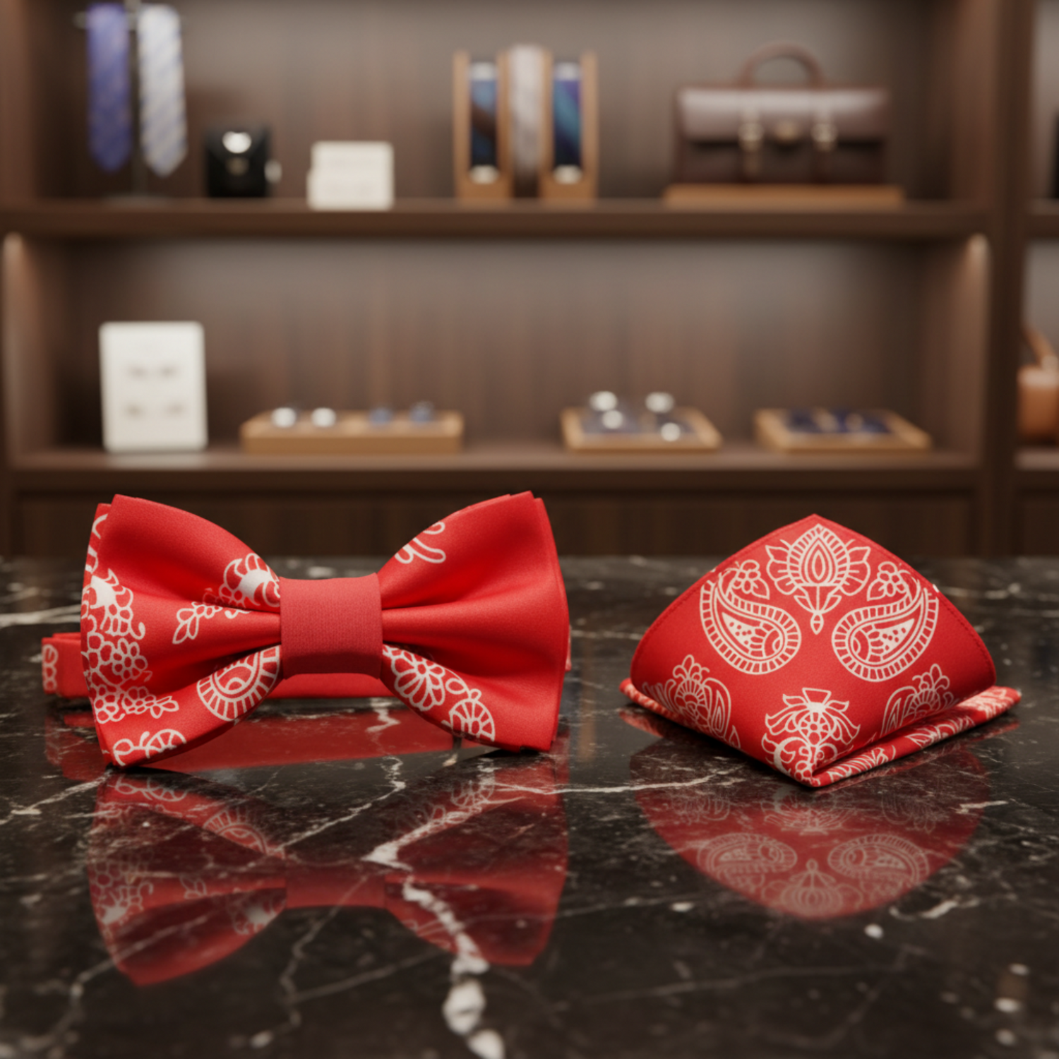 Red, White Paisley Bow Tie and Pocket Square
