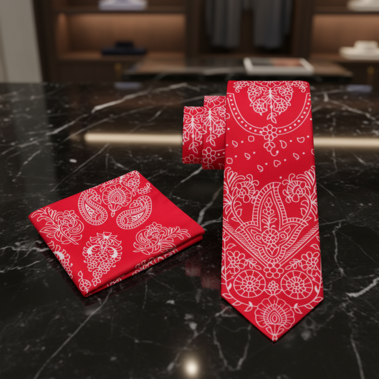 Red, White Paisley Necktie and Square Alt