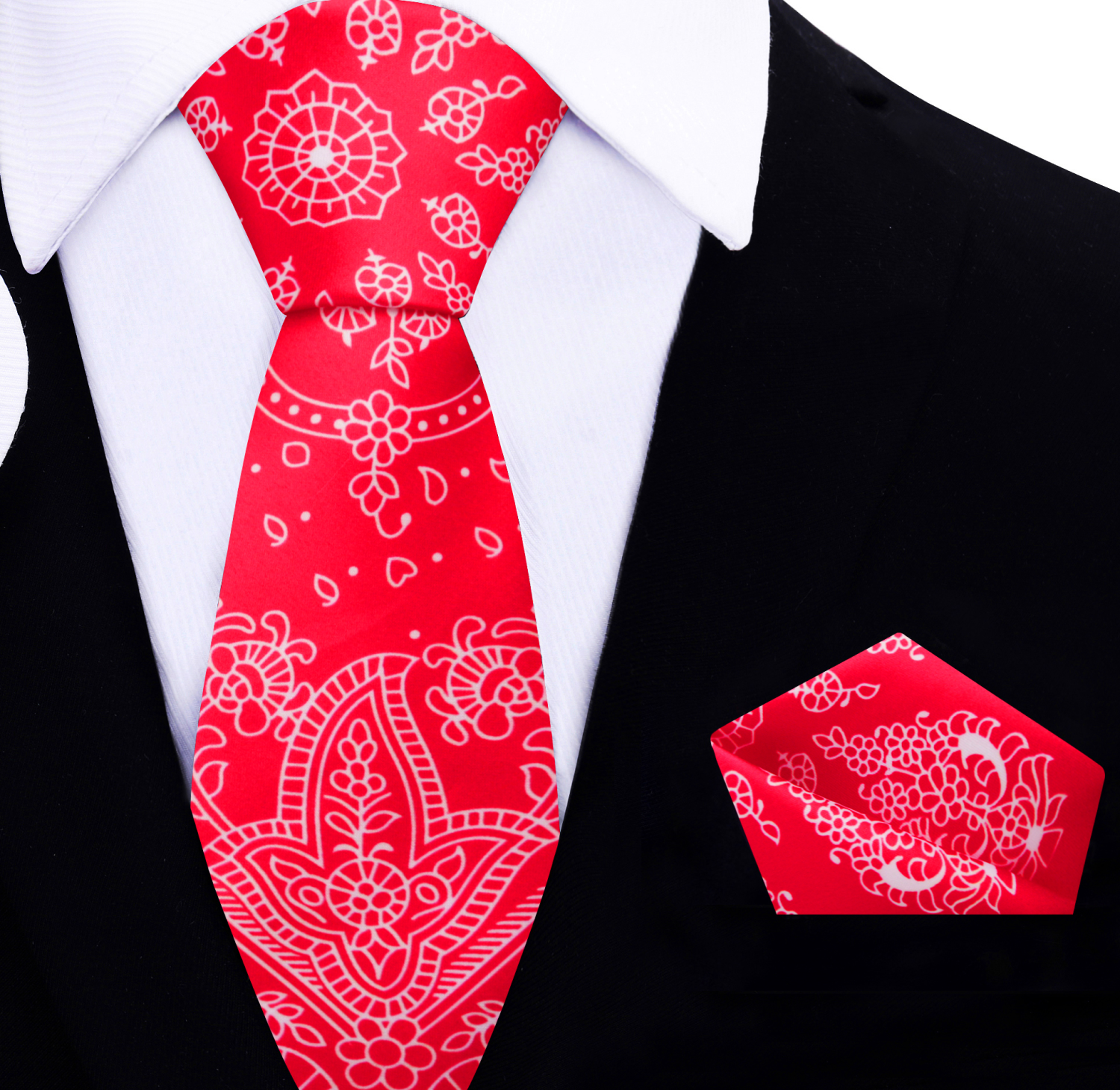 Thin Red, White Paisley Necktie and Square