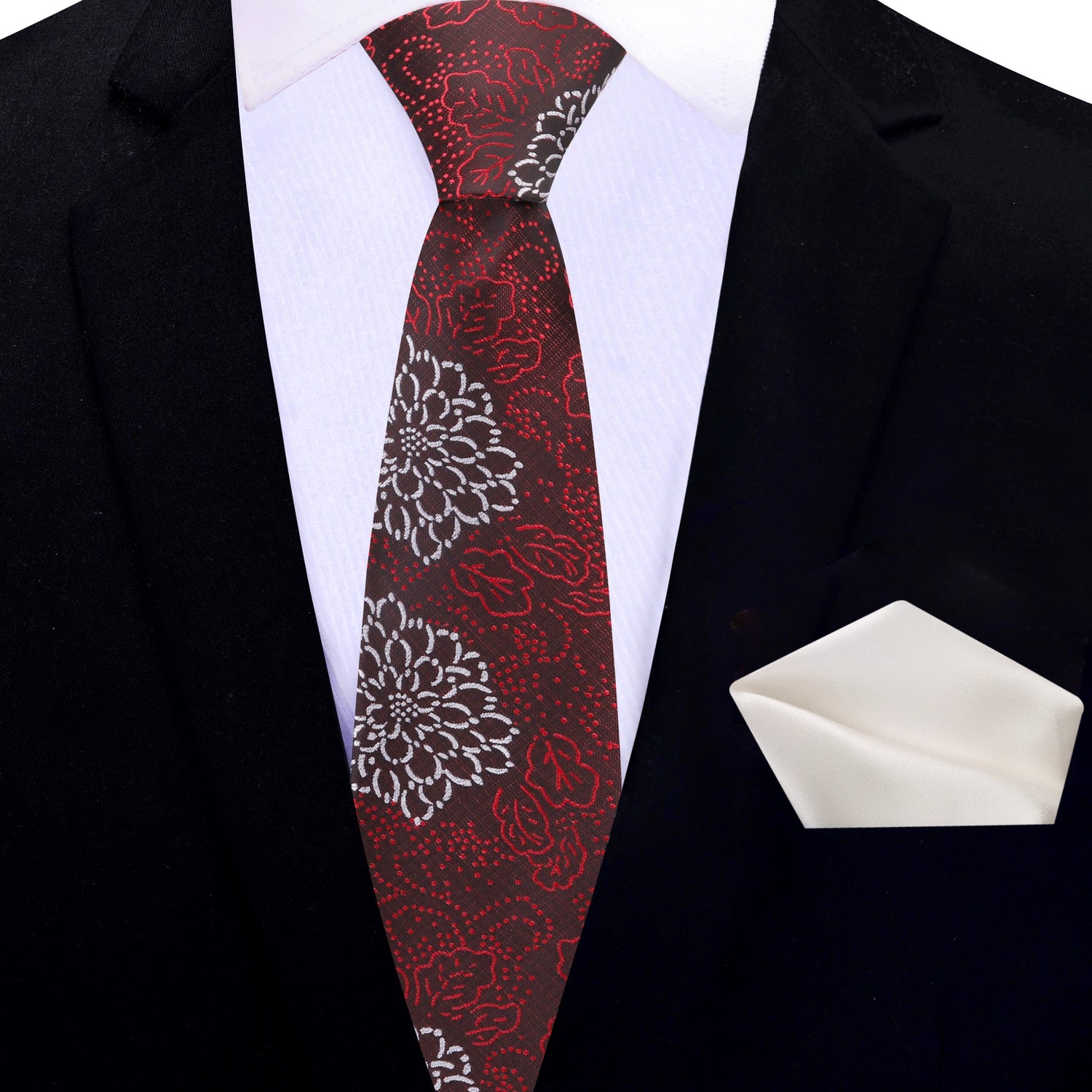 Thin Tie: Deep Red, Red, White Zinnia Flowers Necktie and Off White Square