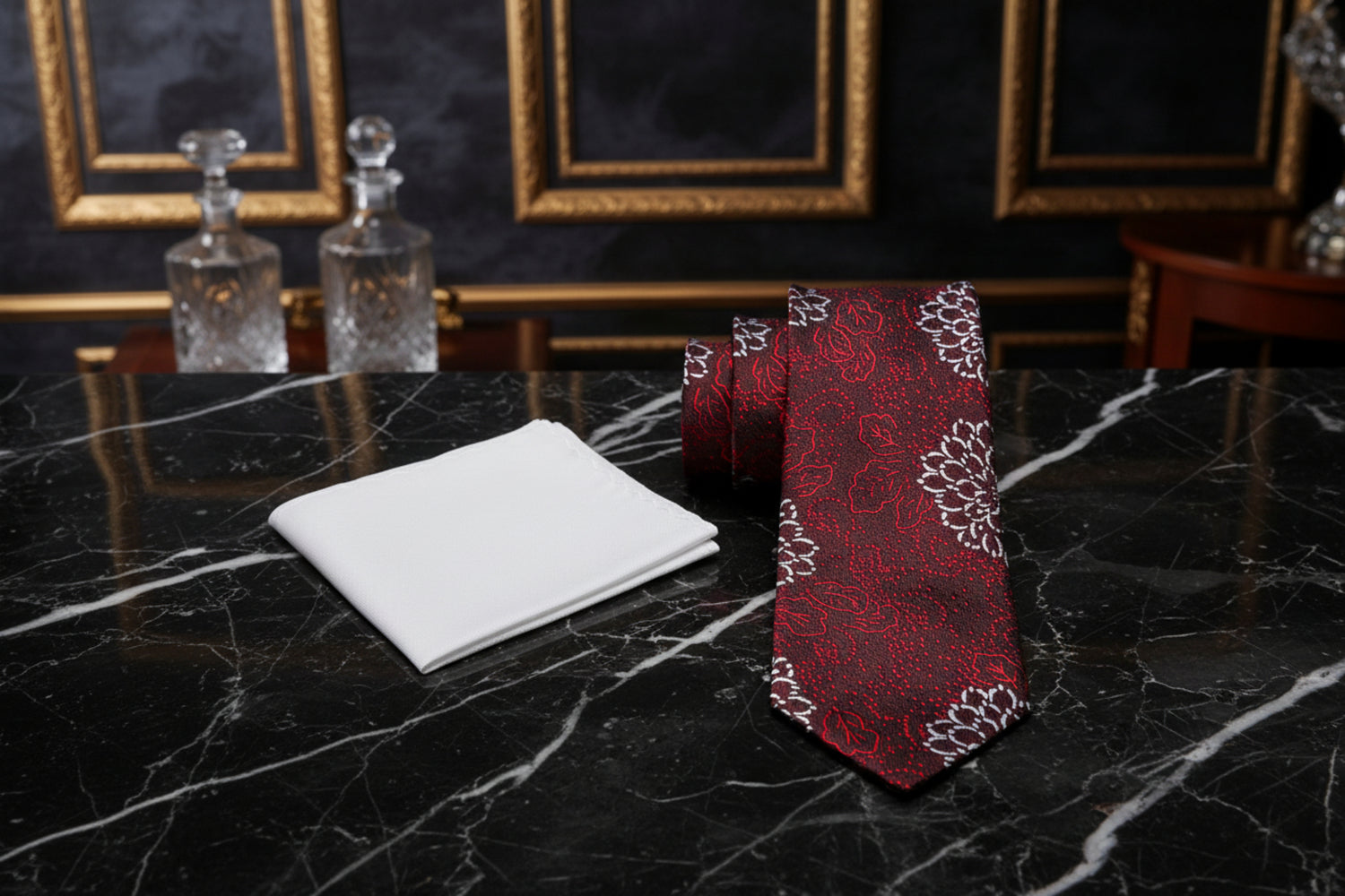 Alt View: Deep Red, Red, White Zinnia Flowers Necktie and Off White Square