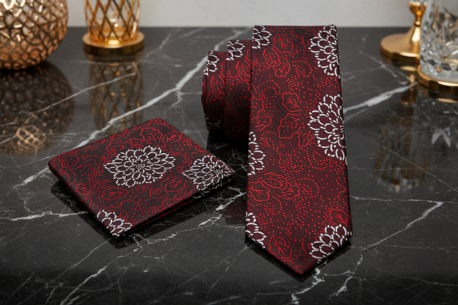 Alt view: Deep Red, Red, White Zinnia Flowers Necktie and Matching Square