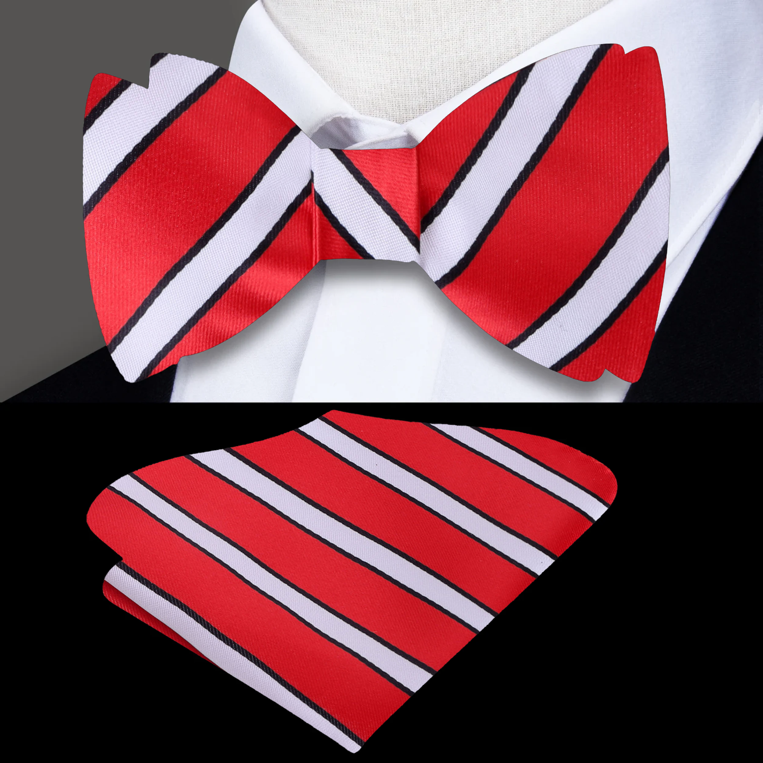 A Red, White, Black Stripe Pattern Silk Self Tie Bow Tie, Matching Pocket Square