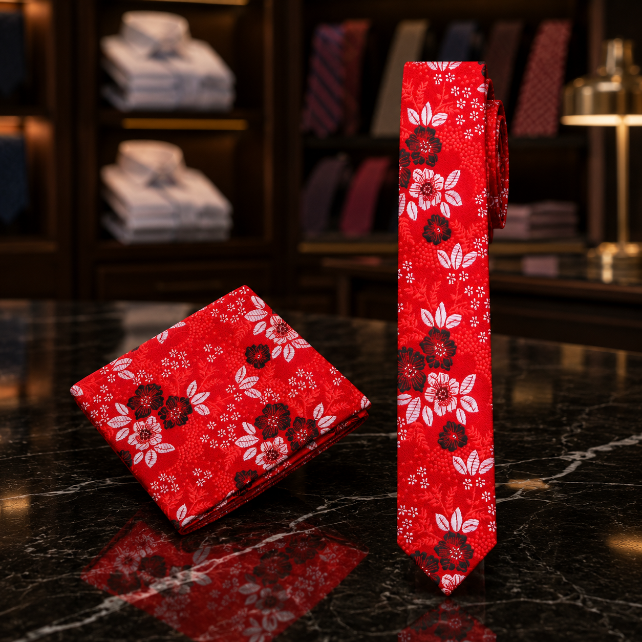 A red necktie and matching pocket square set with a white and black floral pattern, displayed on a dark marble surface with a blurred luxury shop background.