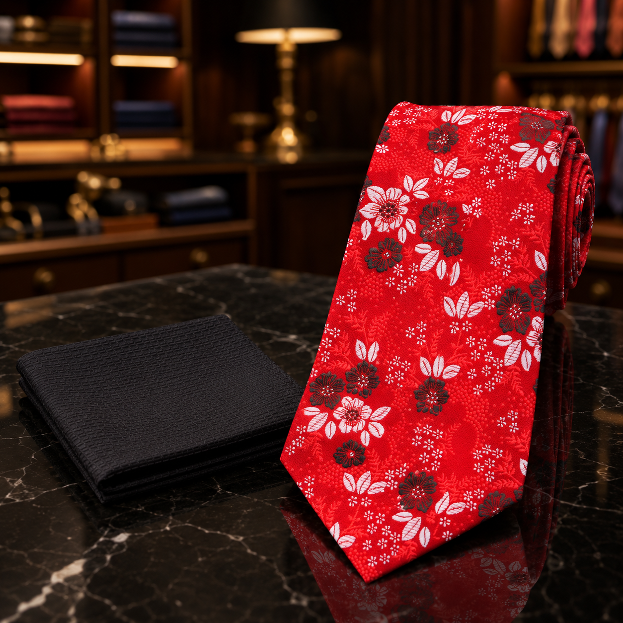 A red necktie with a white and dark red floral pattern stands on a dark marble surface next to a folded black textured accessory, with a warm, blurred office background.