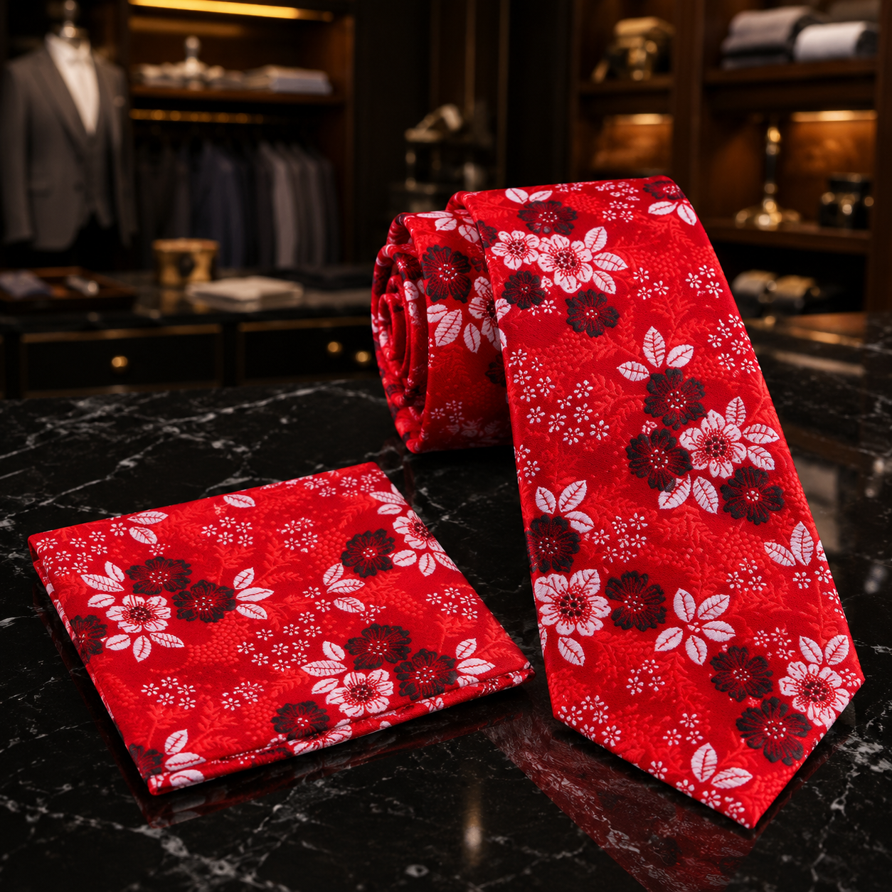 A red necktie and matching pocket square set with a white and dark red floral pattern, displayed on a black marble surface in a luxury clothing store.