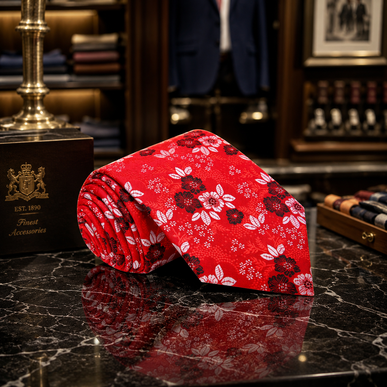 A rolled red necktie with a white and dark red floral pattern sits on a polished black marble surface in a luxury accessory shop. A branded black box for ' is visible on the left, and suit racks are blurred in the background.