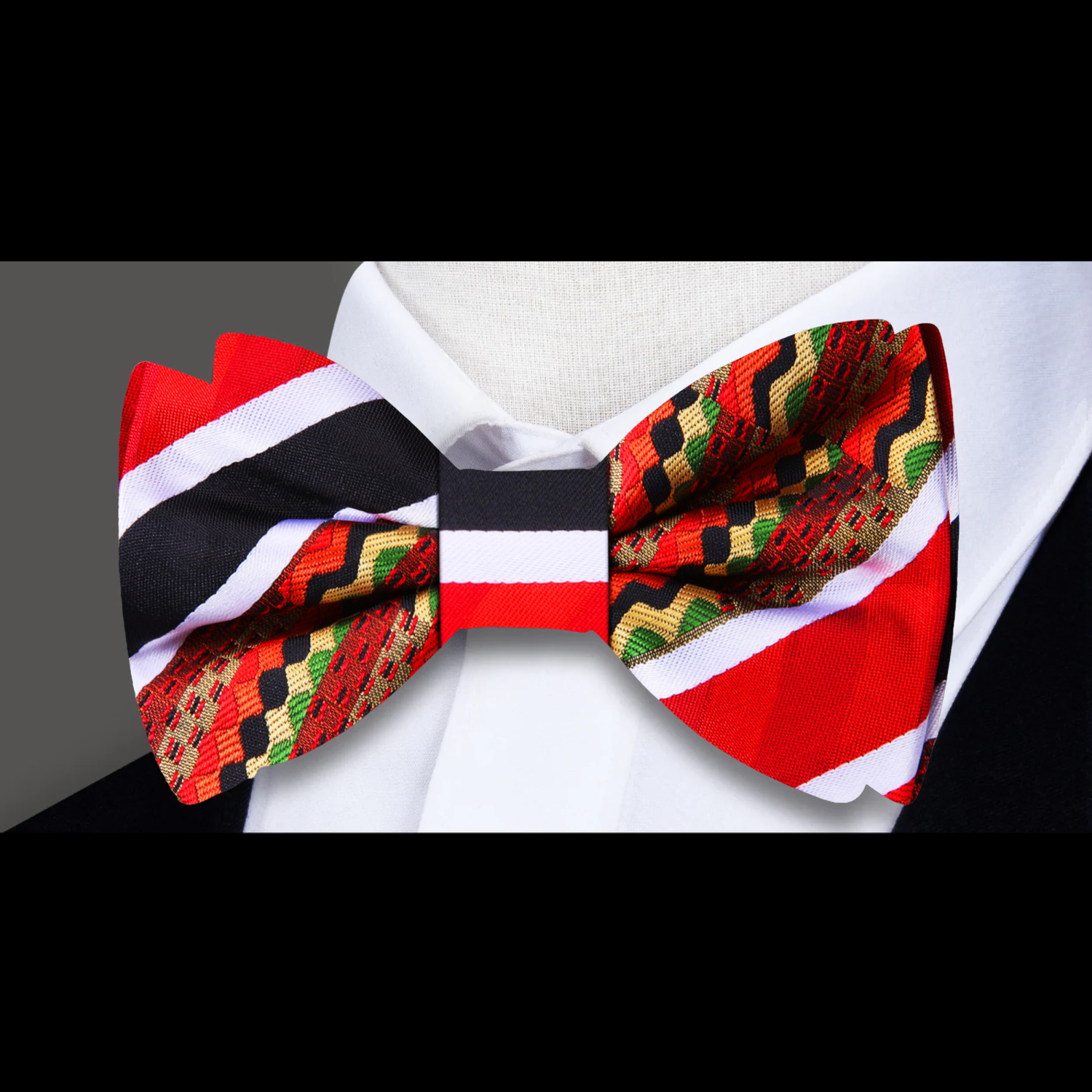 A Red, Black, White, Light Gold, Green, Brown Color Abstract Pattern Bow Tie 