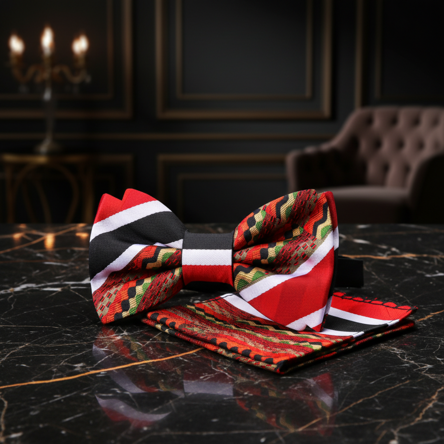 A Red, Black, White, Light Gold, Green, Brown Color Abstract Pattern Bow Tie,  Pocket Square