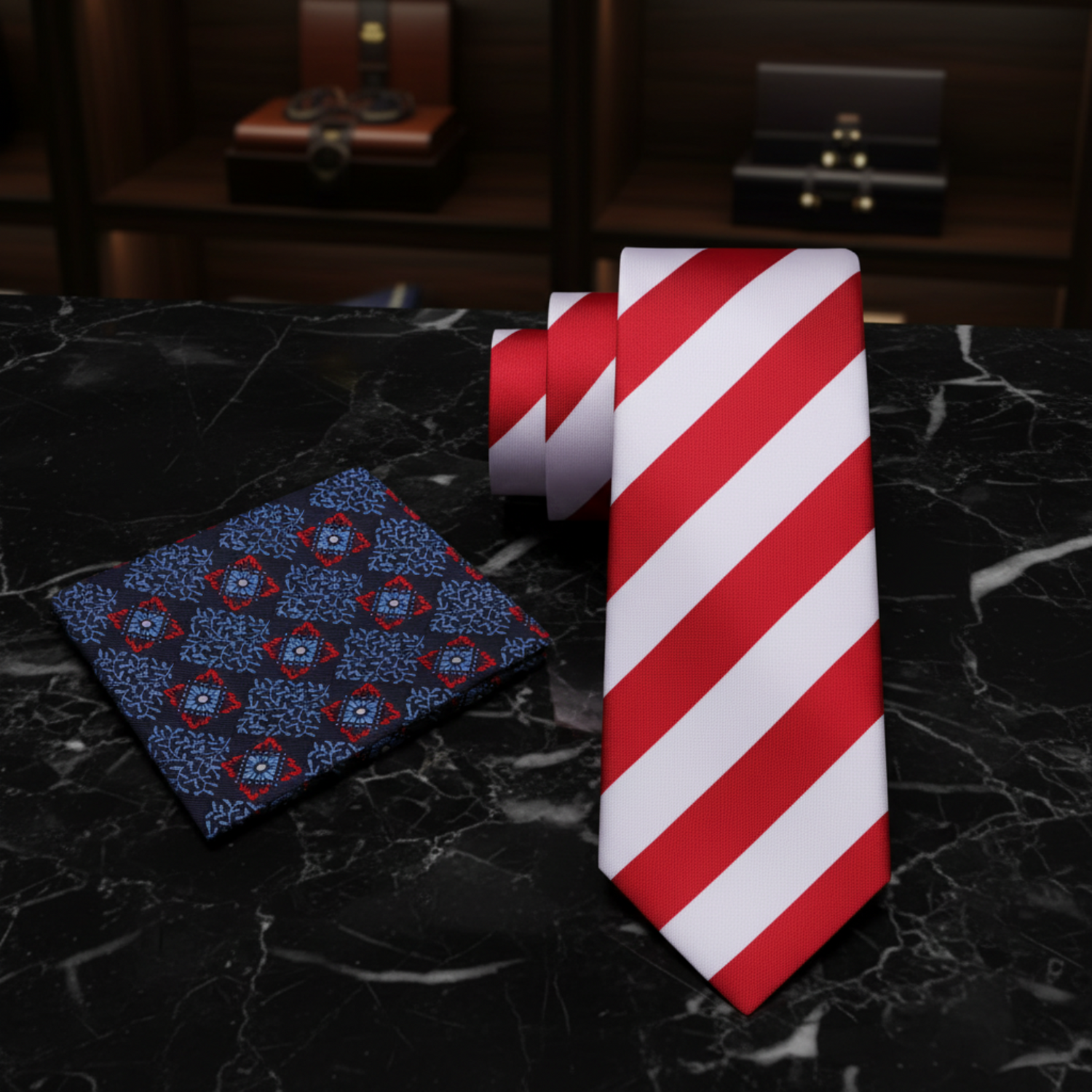 Alt Red White Block Stripe Necktie and Accenting Blue Red Geometric Square
