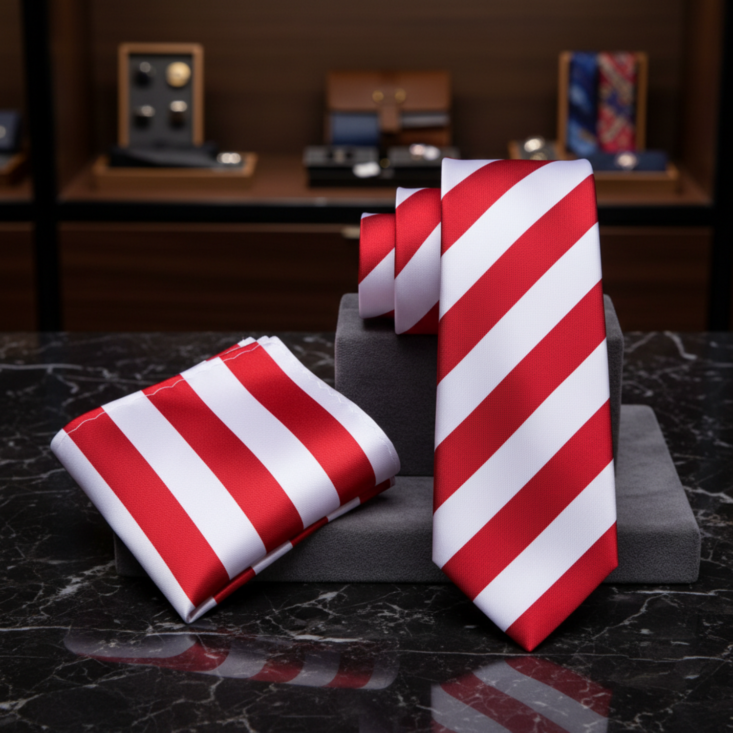 Alt Red White Block Stripe Necktie and Matching Square