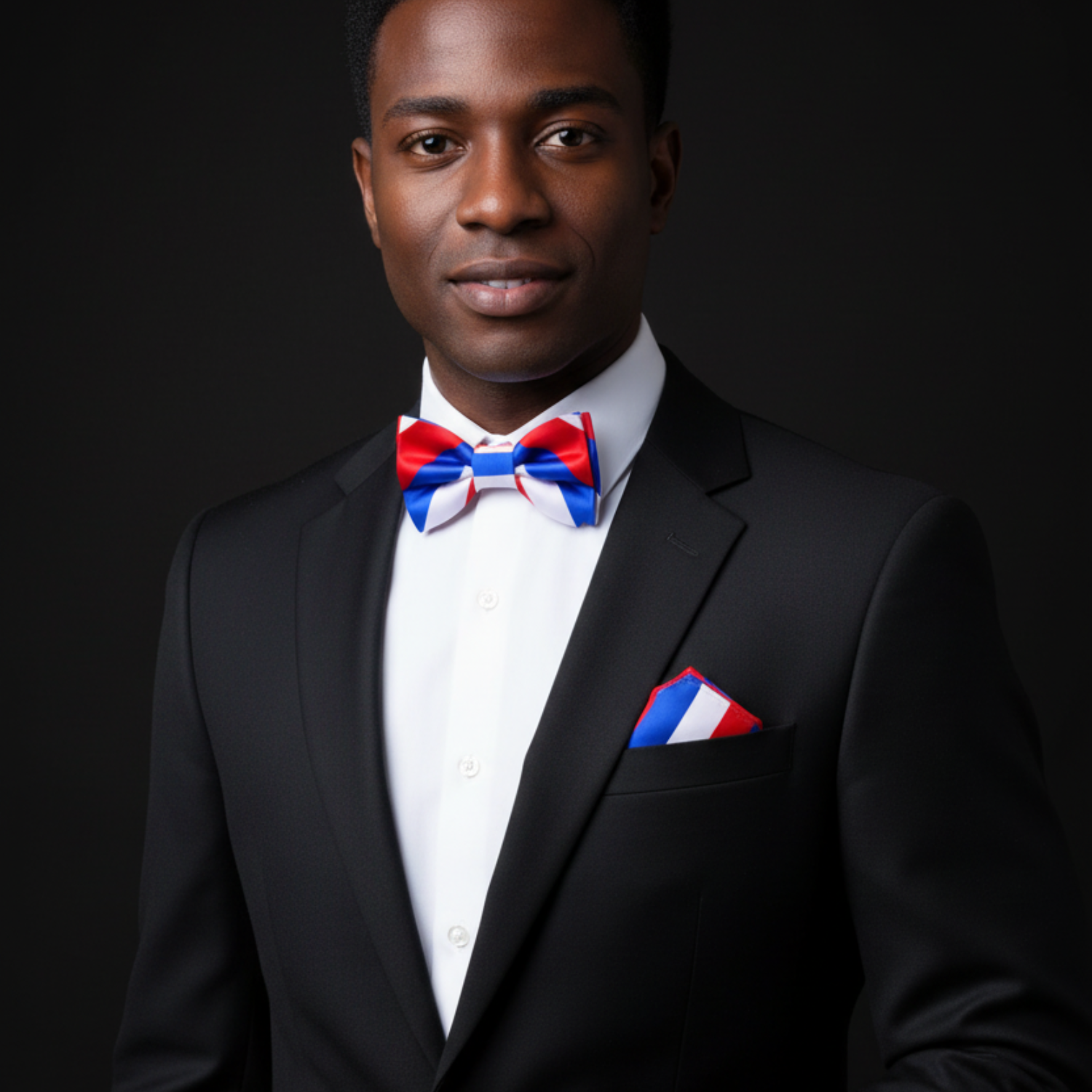 Man wearing a black suit with a red, white, and blue stripe bow tie and pocket square on a dark background