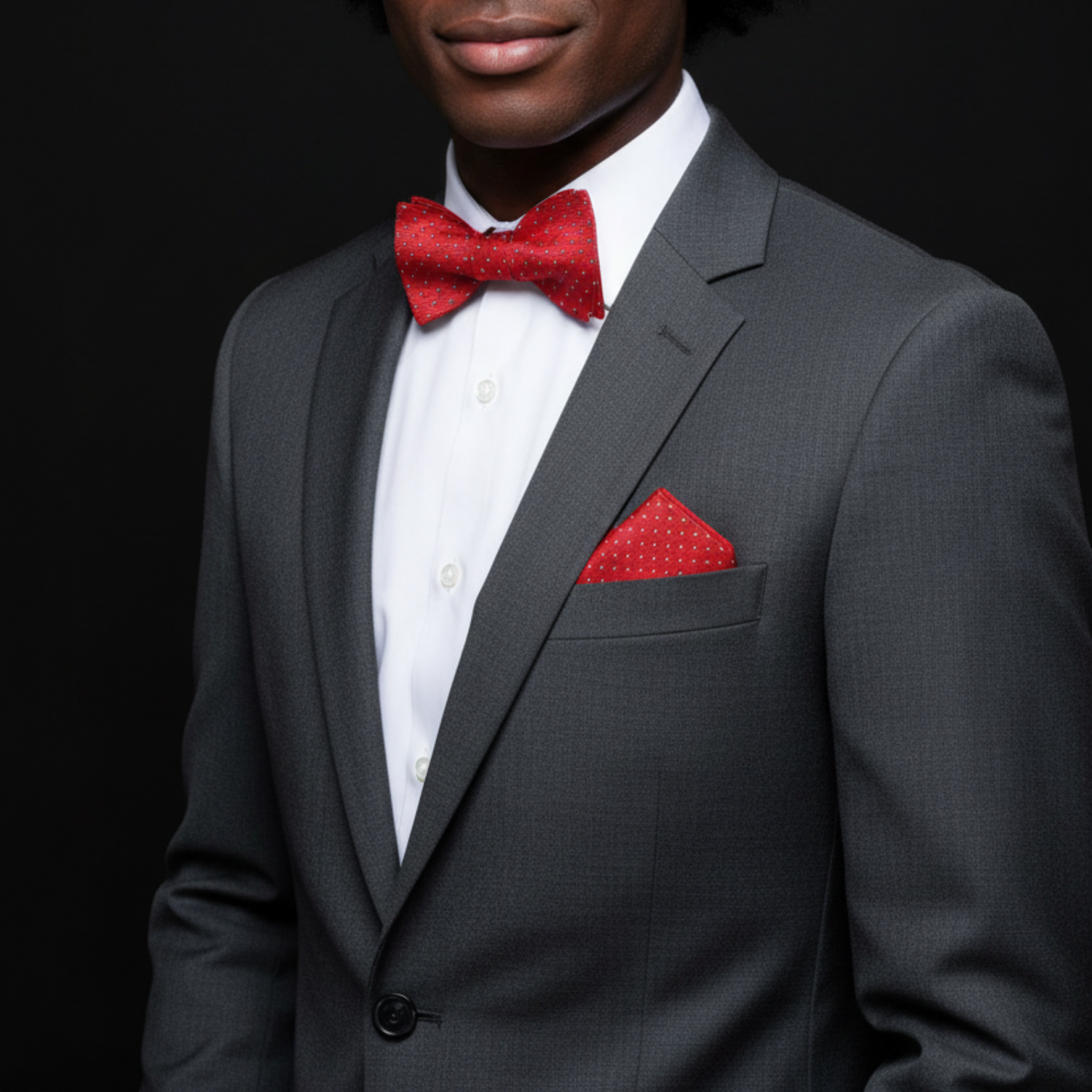 Man wearing a gray suit with a red bow tie and pocket square on a black background
